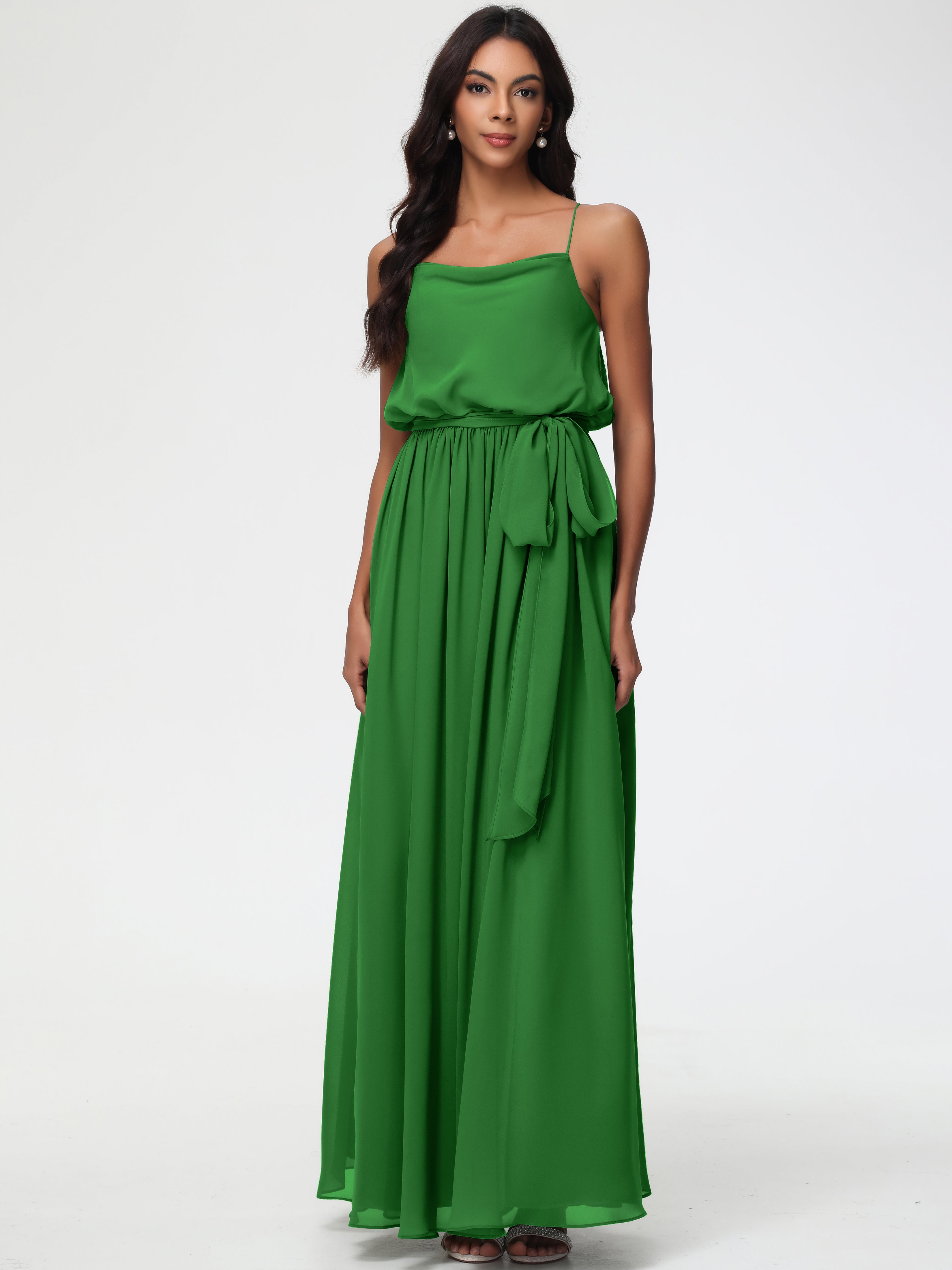 A-Line Cowl Spaghetti Straps Sleeveless Long Split Chiffon Bridesmaid Dresses