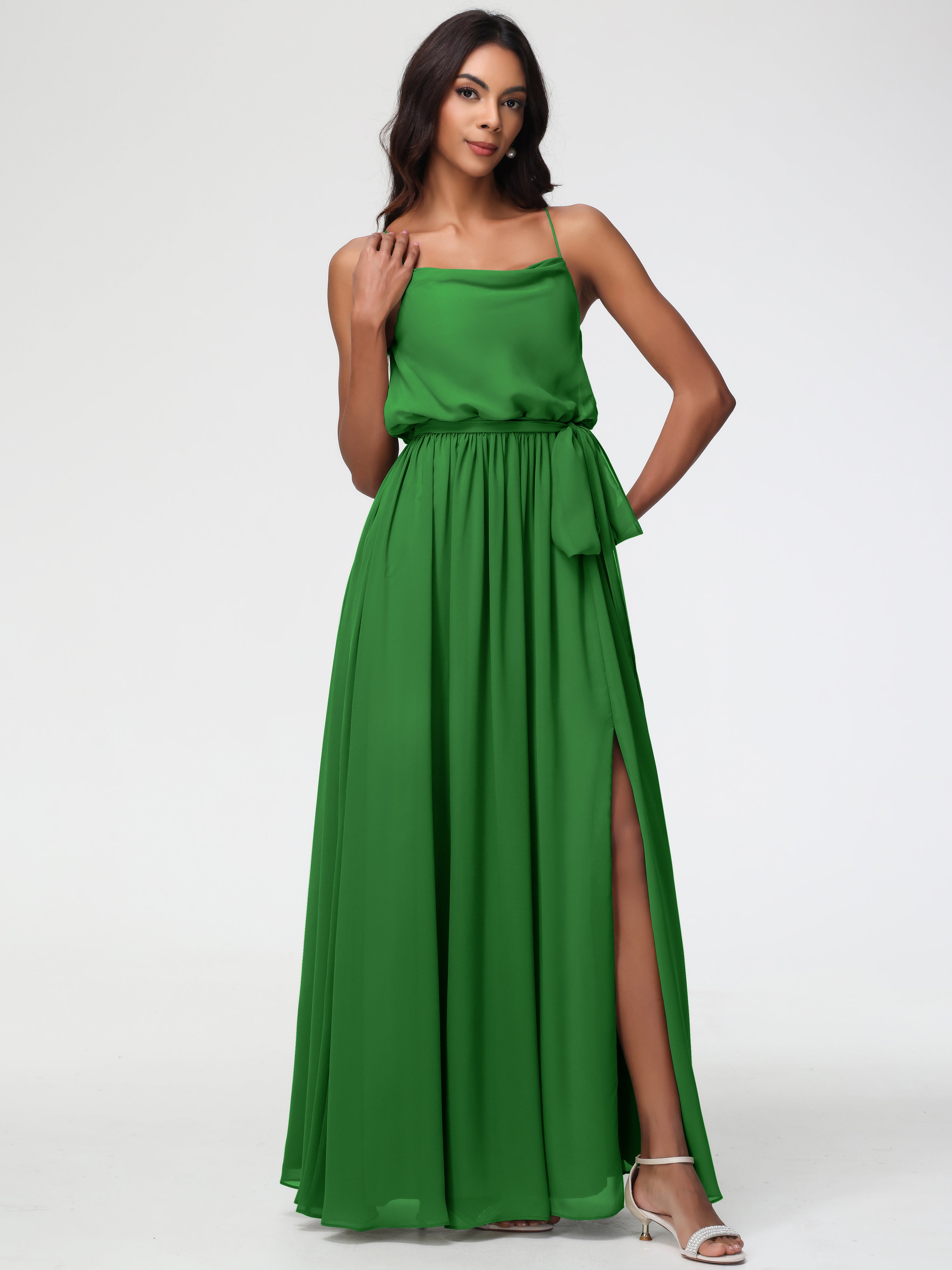 A-Line Cowl Spaghetti Straps Sleeveless Long Split Chiffon Bridesmaid Dresses