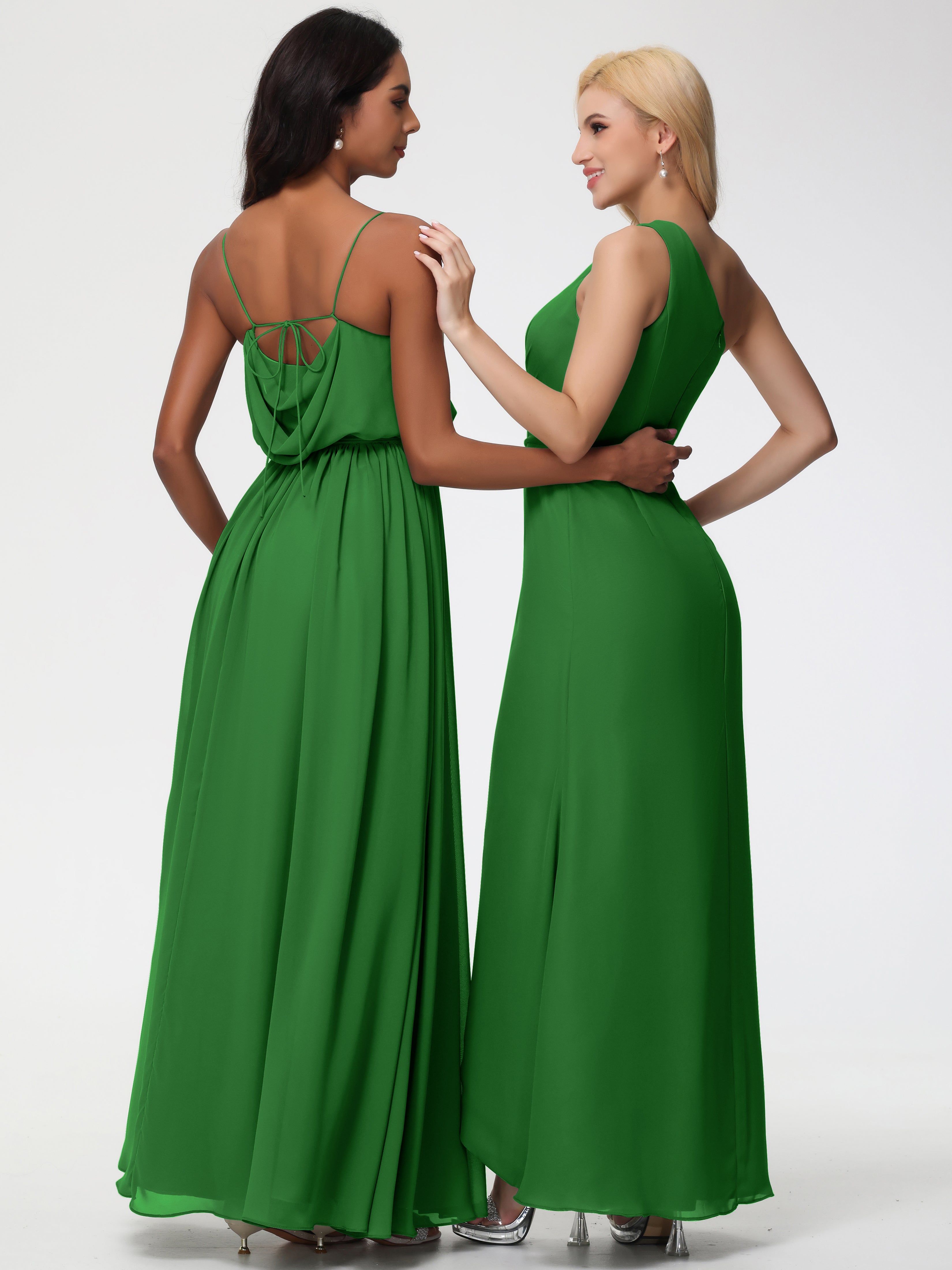 A-Line Cowl Spaghetti Straps Sleeveless Long Split Chiffon Bridesmaid Dresses