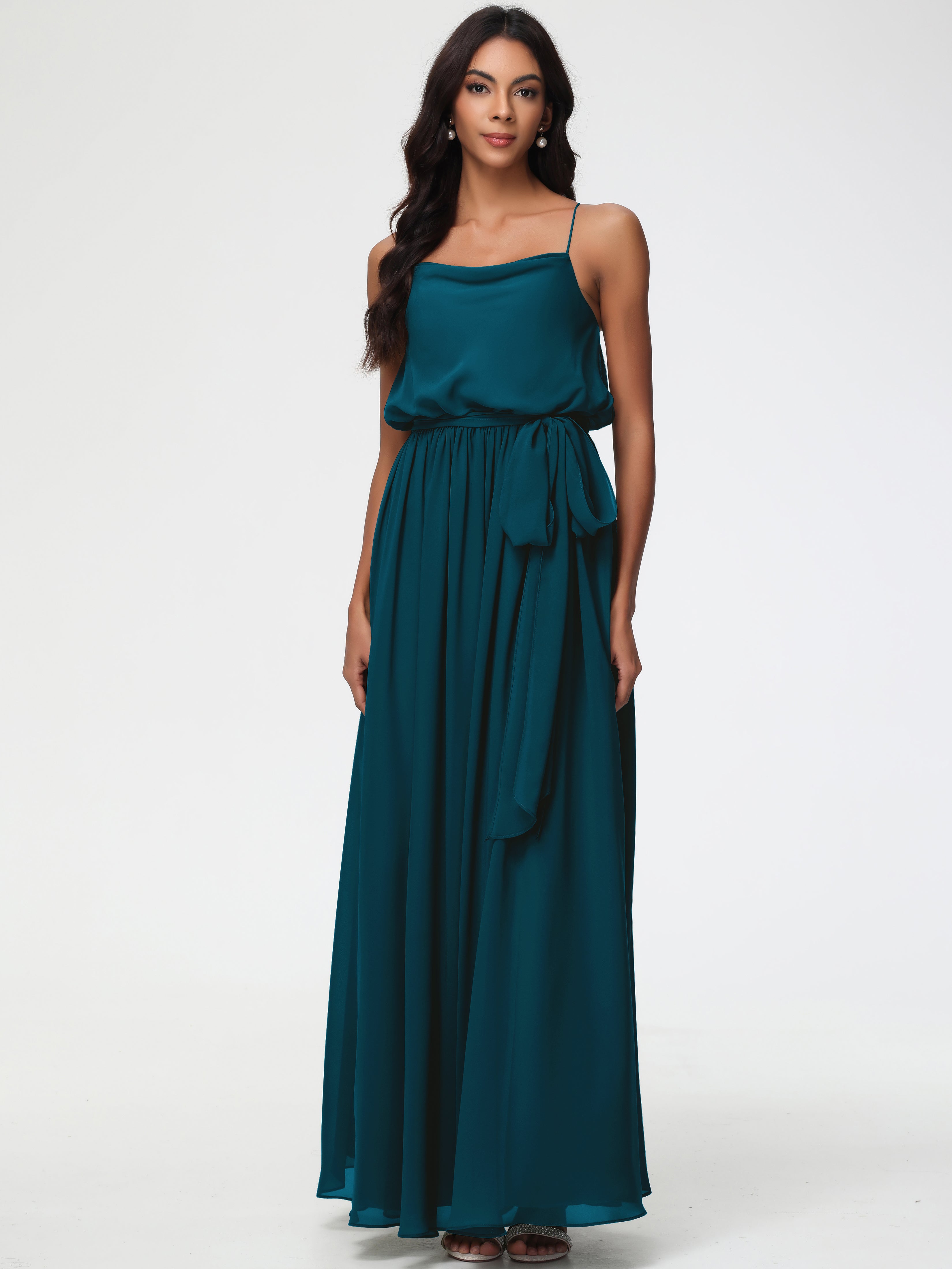 A-Line Cowl Spaghetti Straps Sleeveless Long Split Chiffon Bridesmaid Dresses