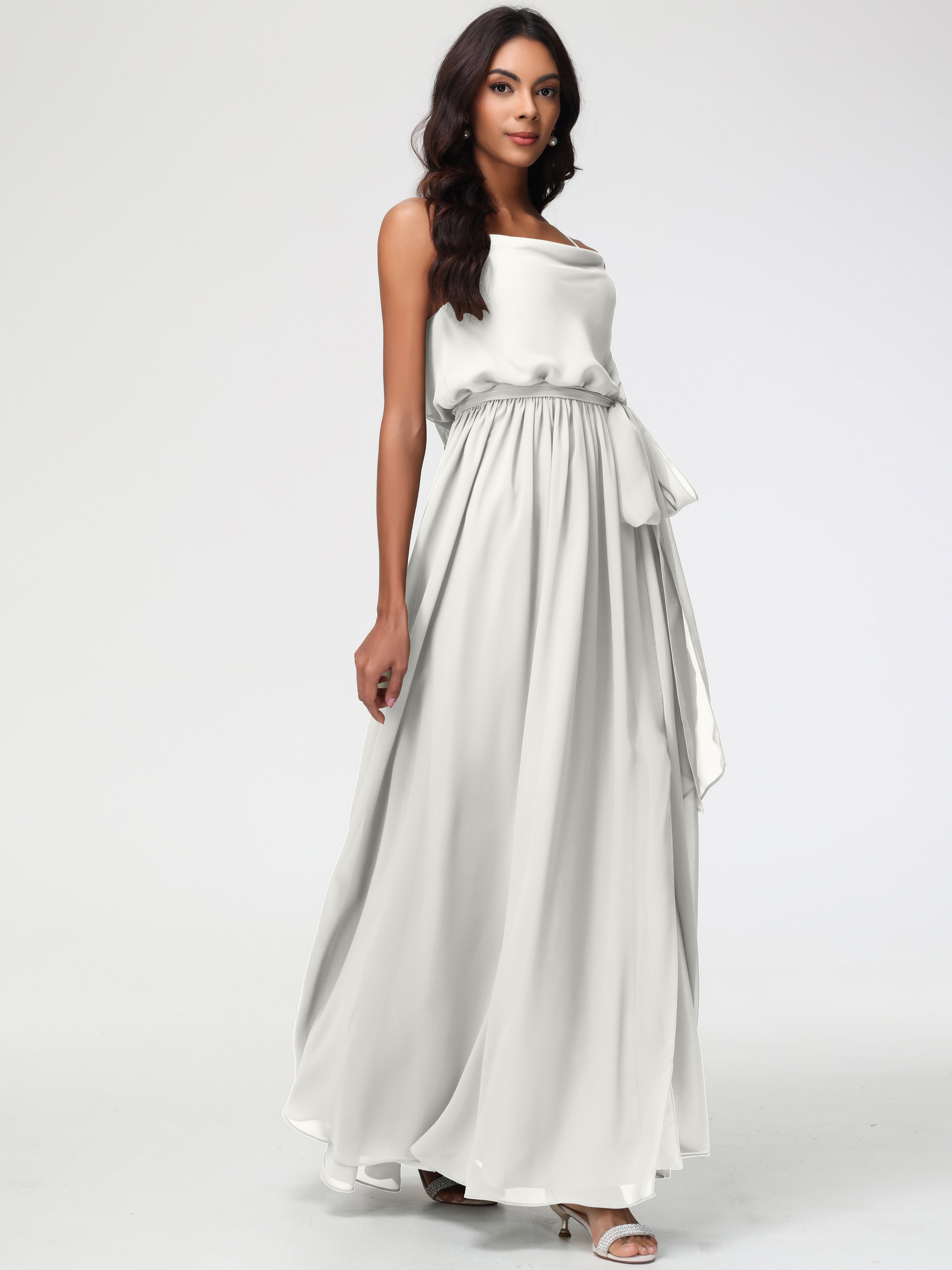 A-Line Cowl Spaghetti Straps Sleeveless Long Split Chiffon Bridesmaid Dresses