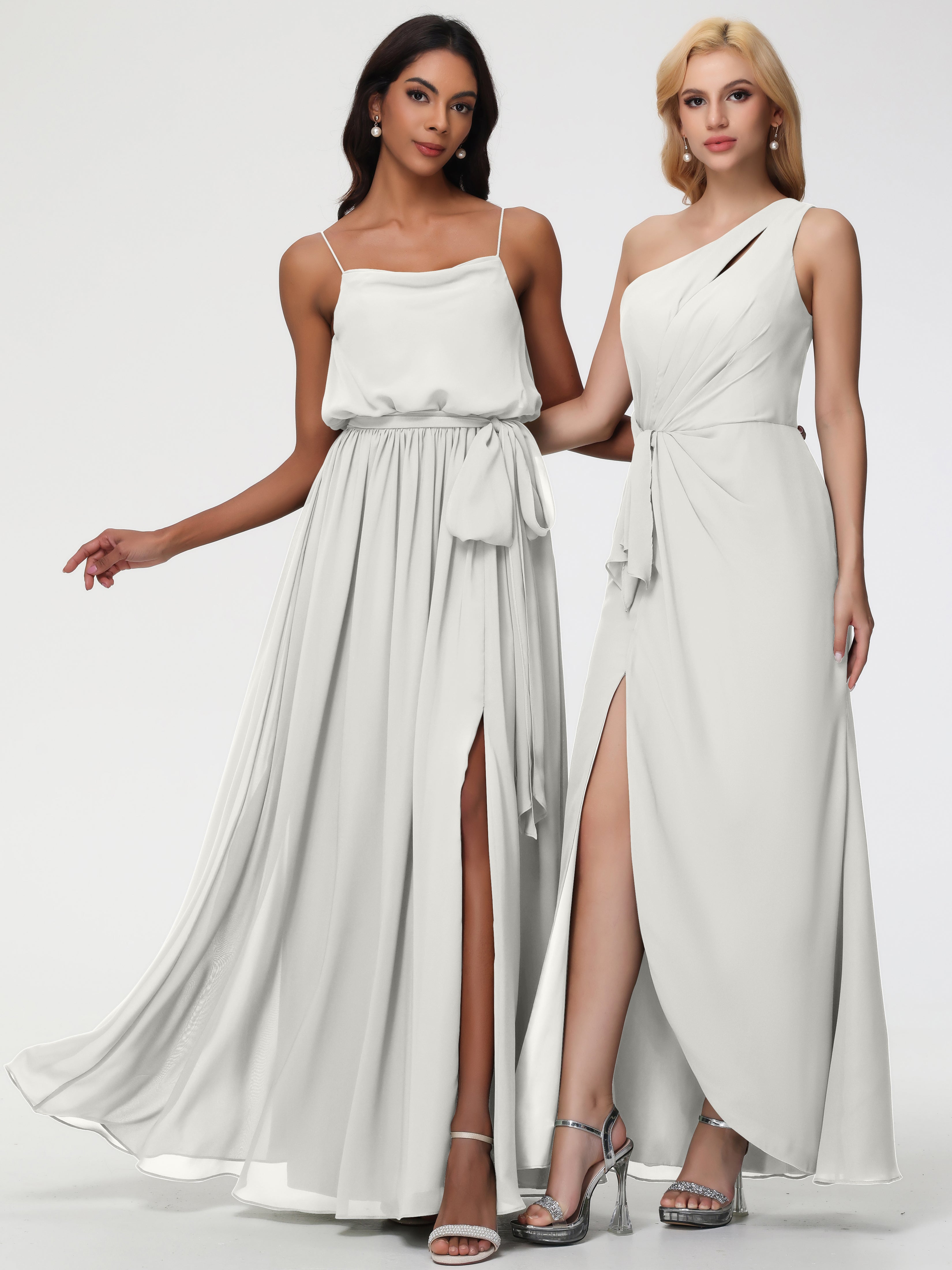 A-Line Cowl Spaghetti Straps Sleeveless Long Split Chiffon Bridesmaid Dresses