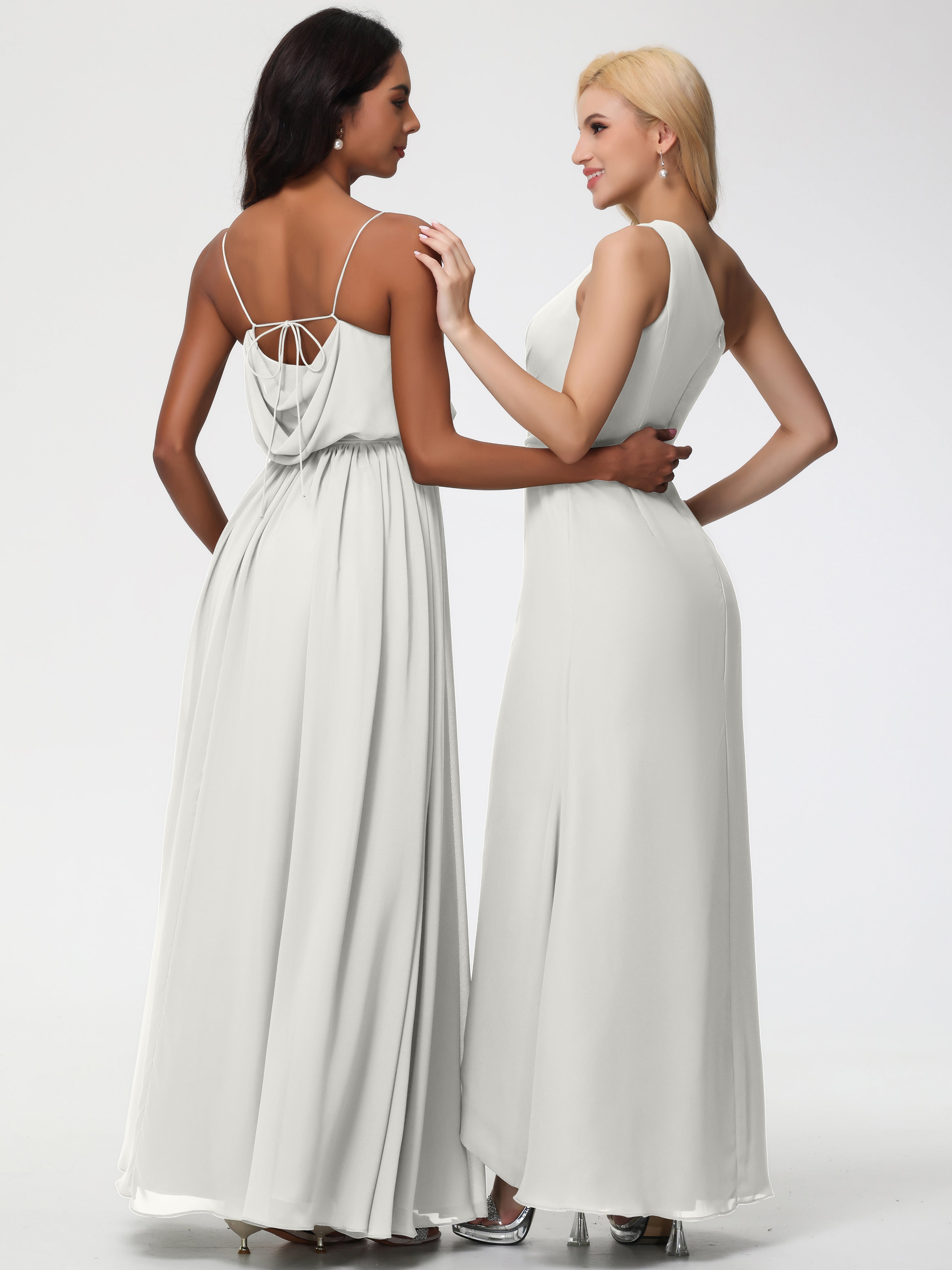 A-Line Cowl Spaghetti Straps Sleeveless Long Split Chiffon Bridesmaid Dresses