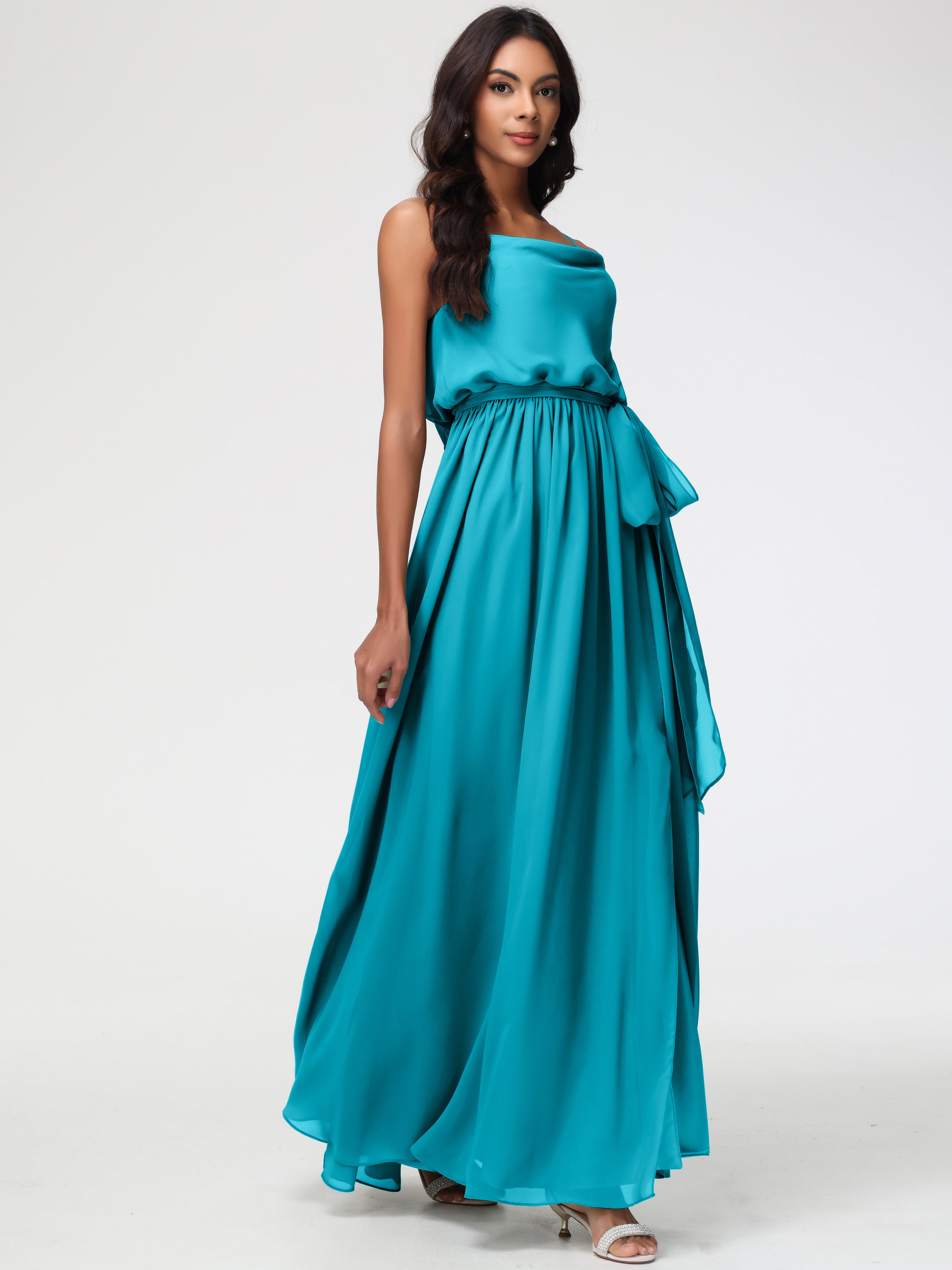 A-Line Cowl Spaghetti Straps Sleeveless Long Split Chiffon Bridesmaid Dresses