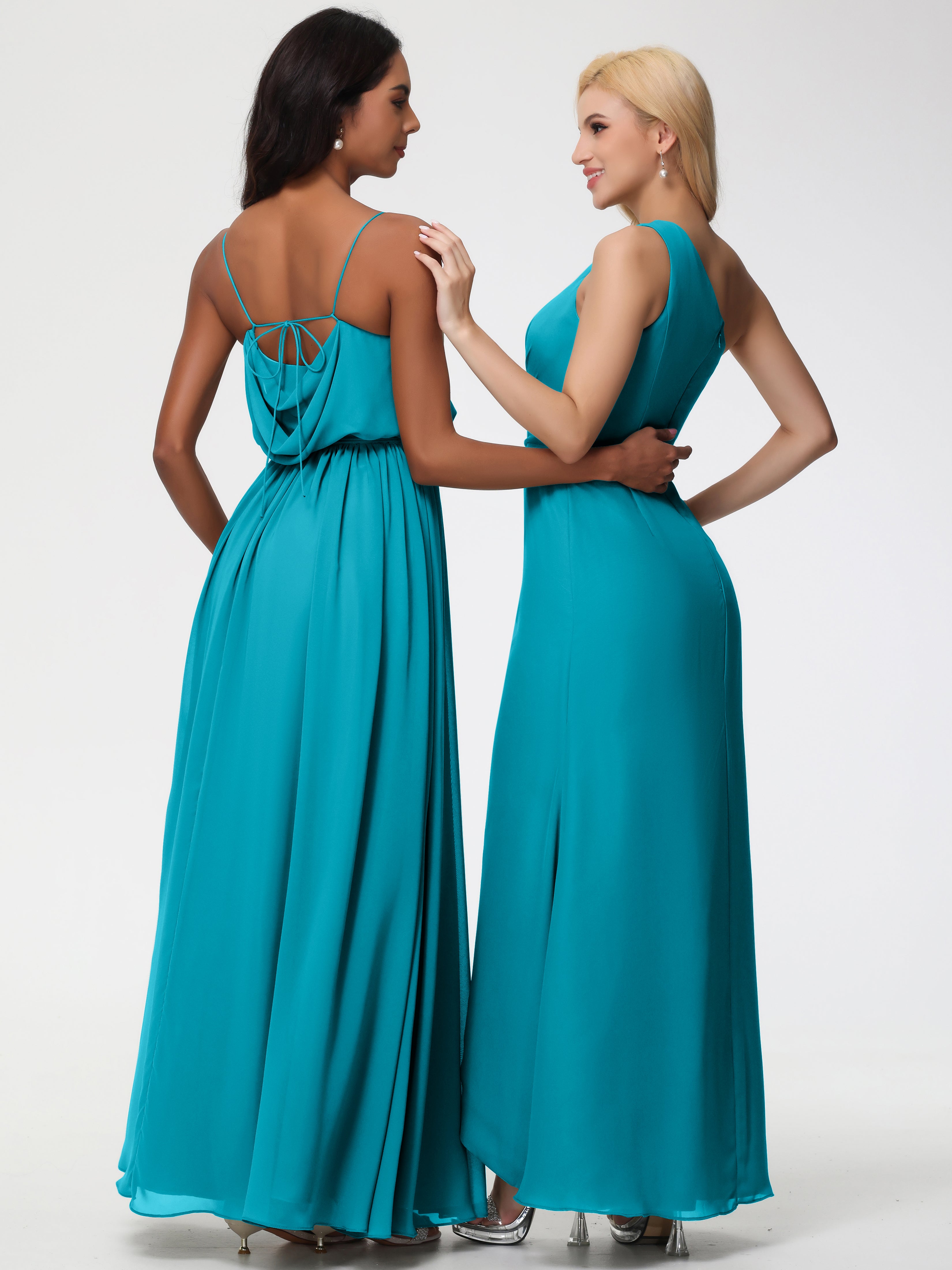 A-Line Cowl Spaghetti Straps Sleeveless Long Split Chiffon Bridesmaid Dresses