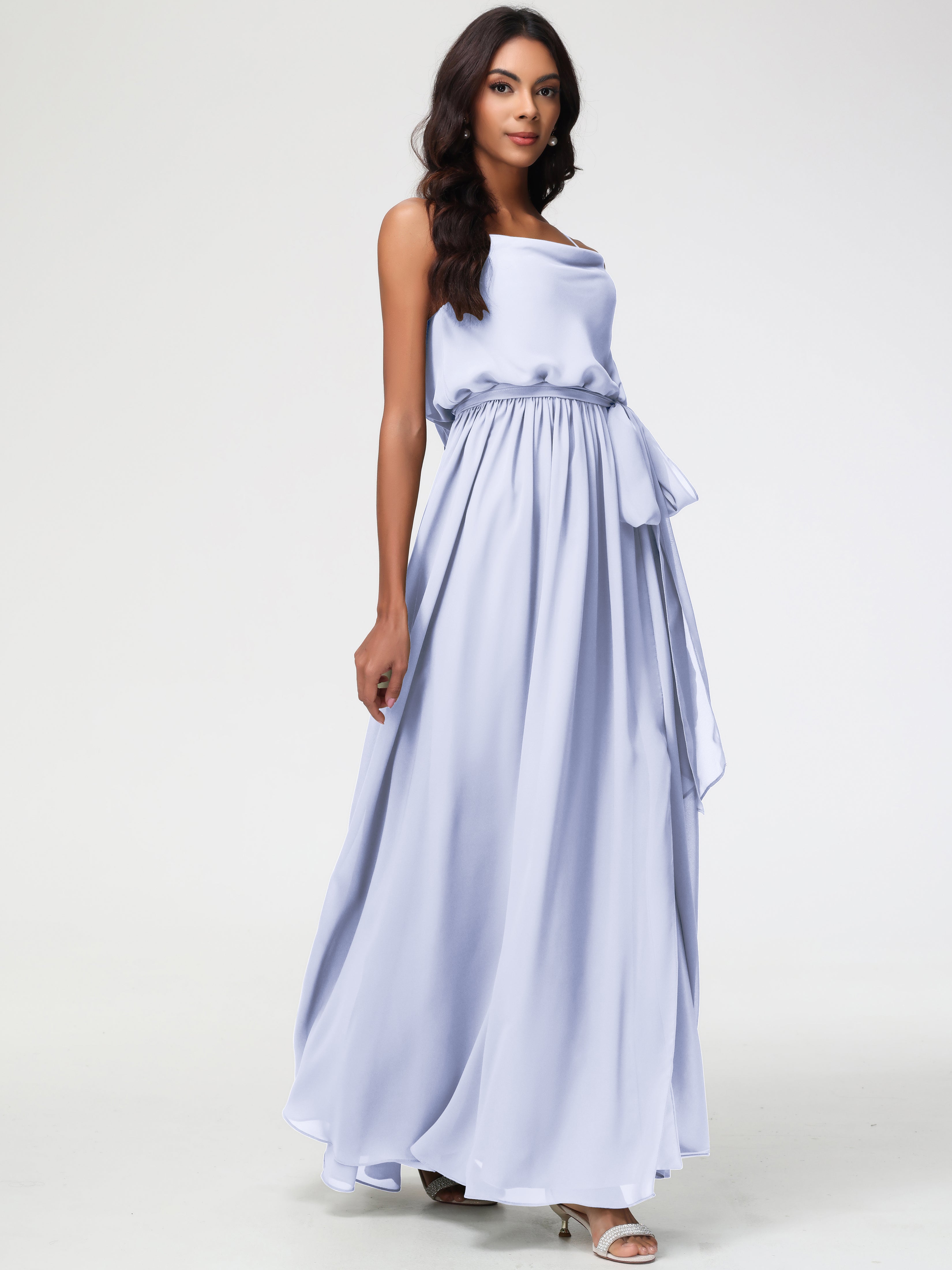 A-Line Cowl Spaghetti Straps Sleeveless Long Split Chiffon Bridesmaid Dresses