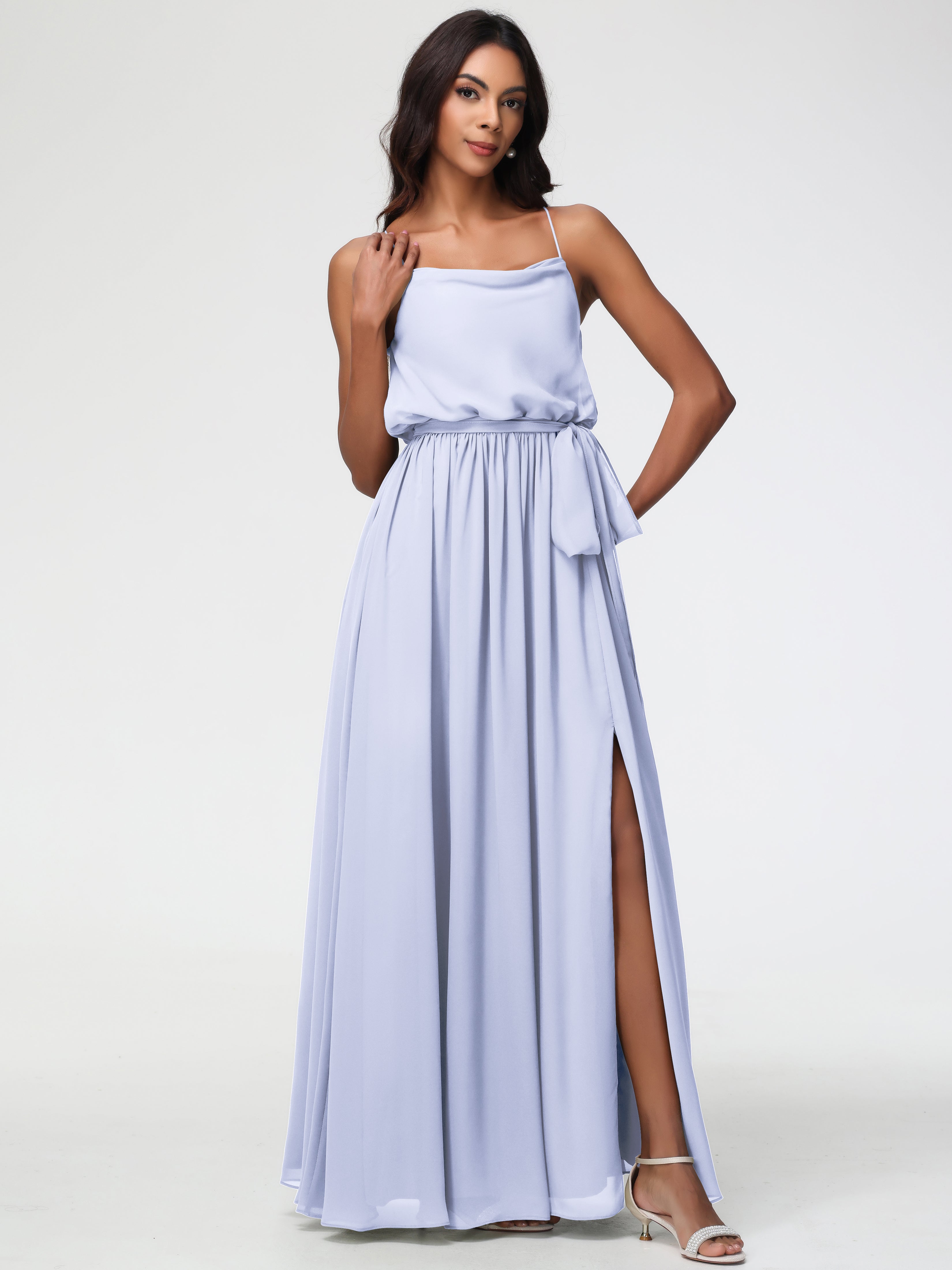 A-Line Cowl Spaghetti Straps Sleeveless Long Split Chiffon Bridesmaid Dresses