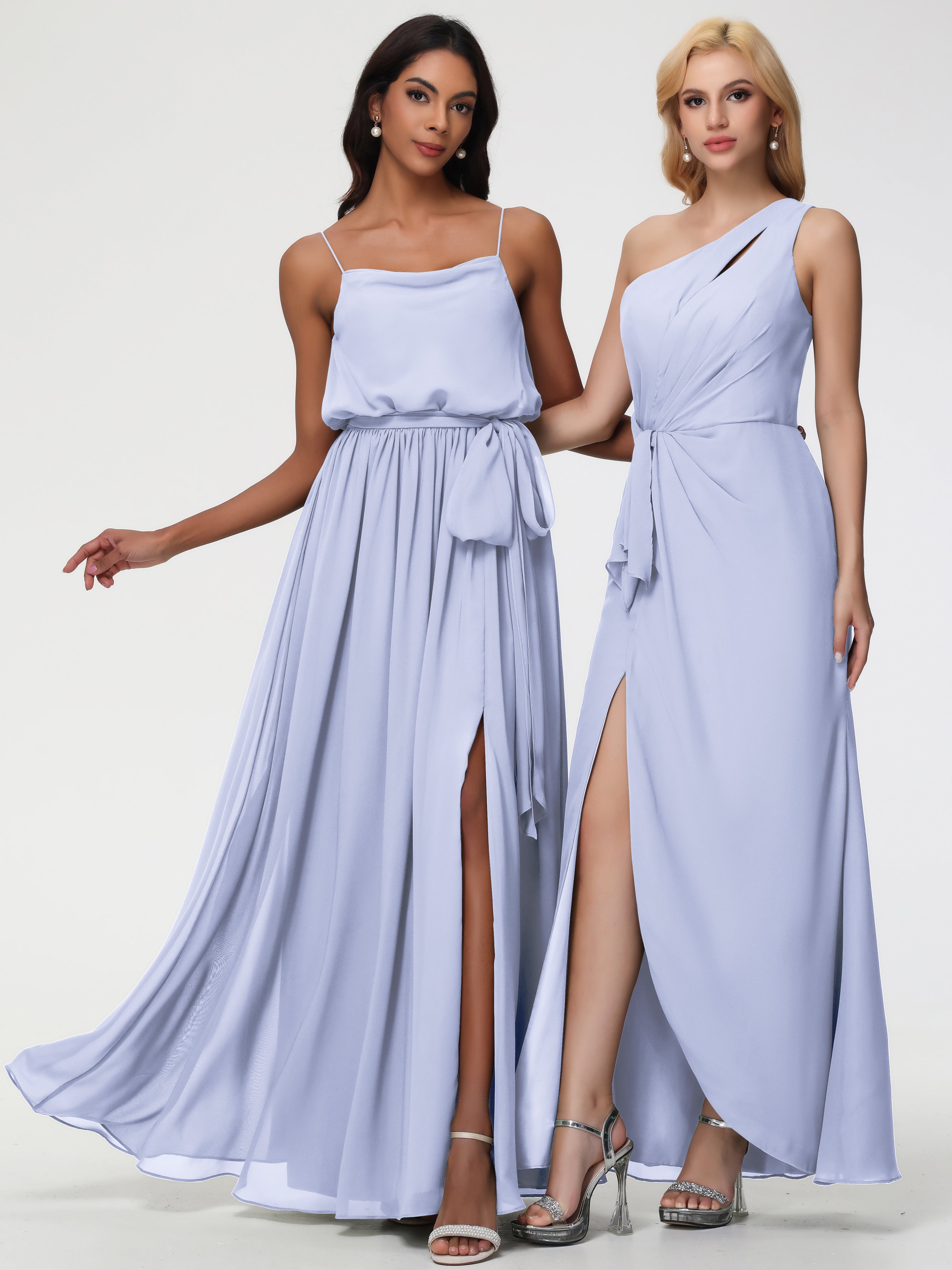 A-Line Cowl Spaghetti Straps Sleeveless Long Split Chiffon Bridesmaid Dresses