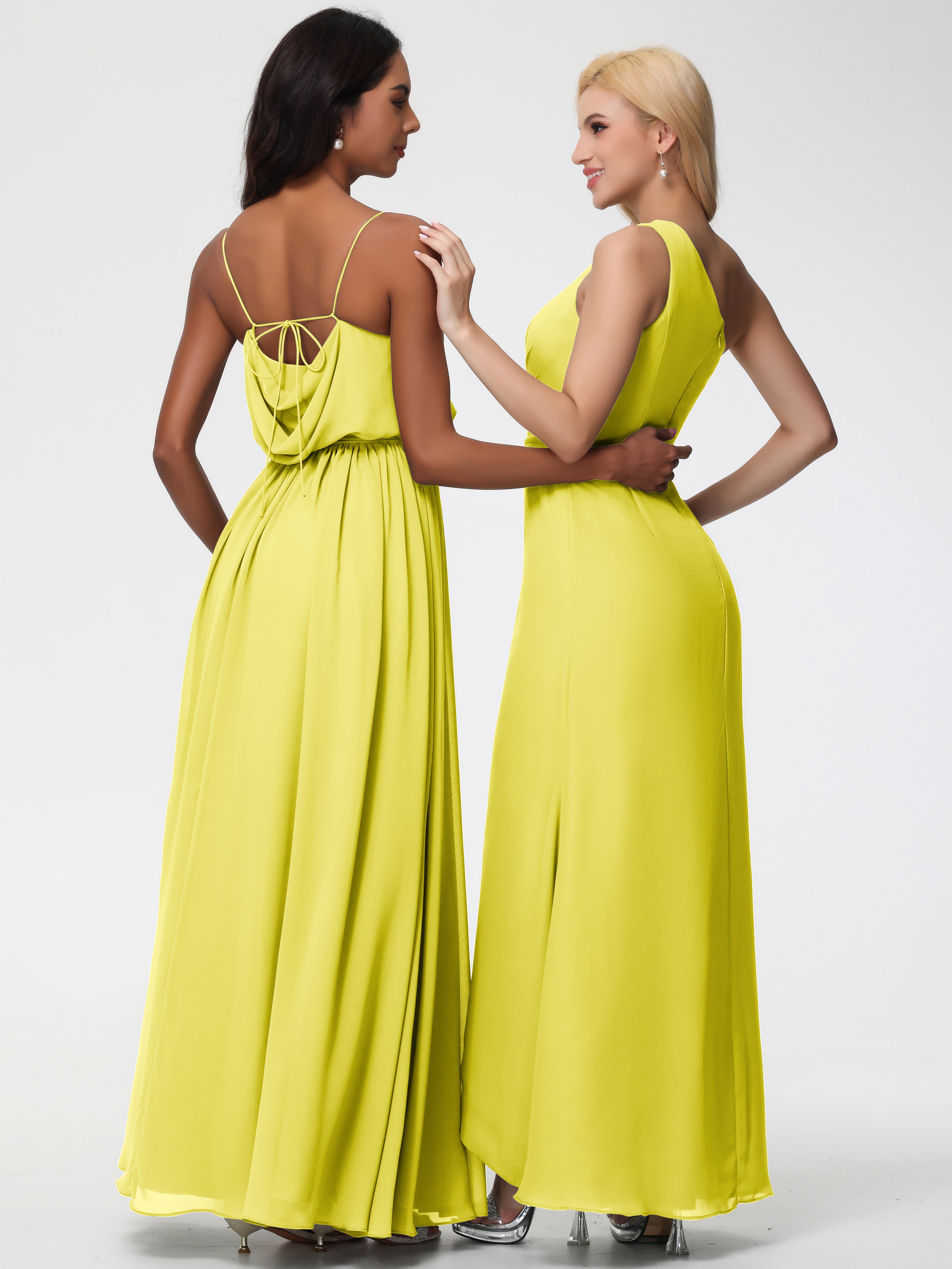 A-Line Cowl Spaghetti Straps Sleeveless Long Split Chiffon Bridesmaid Dresses