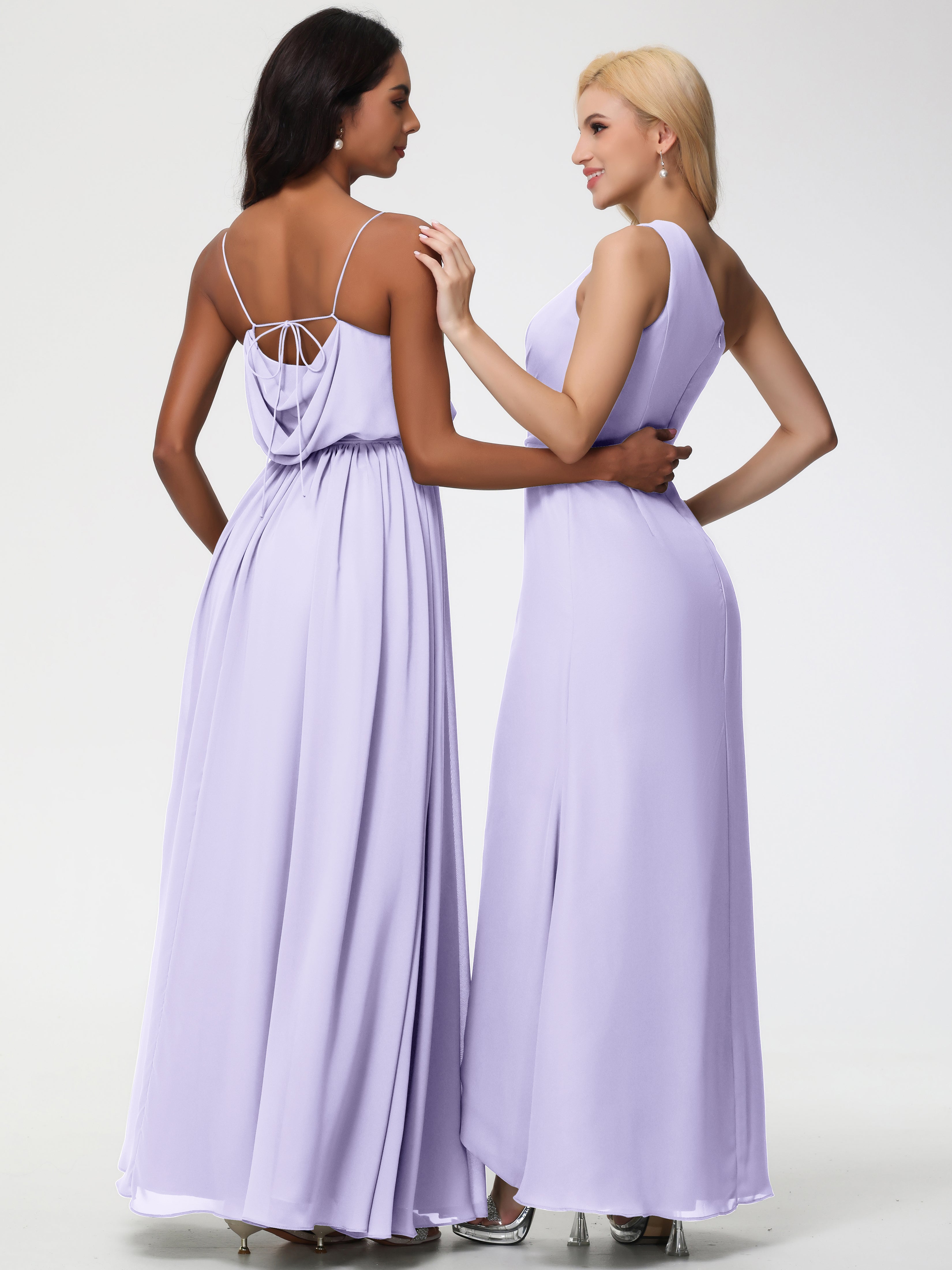 A-Line Cowl Spaghetti Straps Sleeveless Long Split Chiffon Bridesmaid Dresses