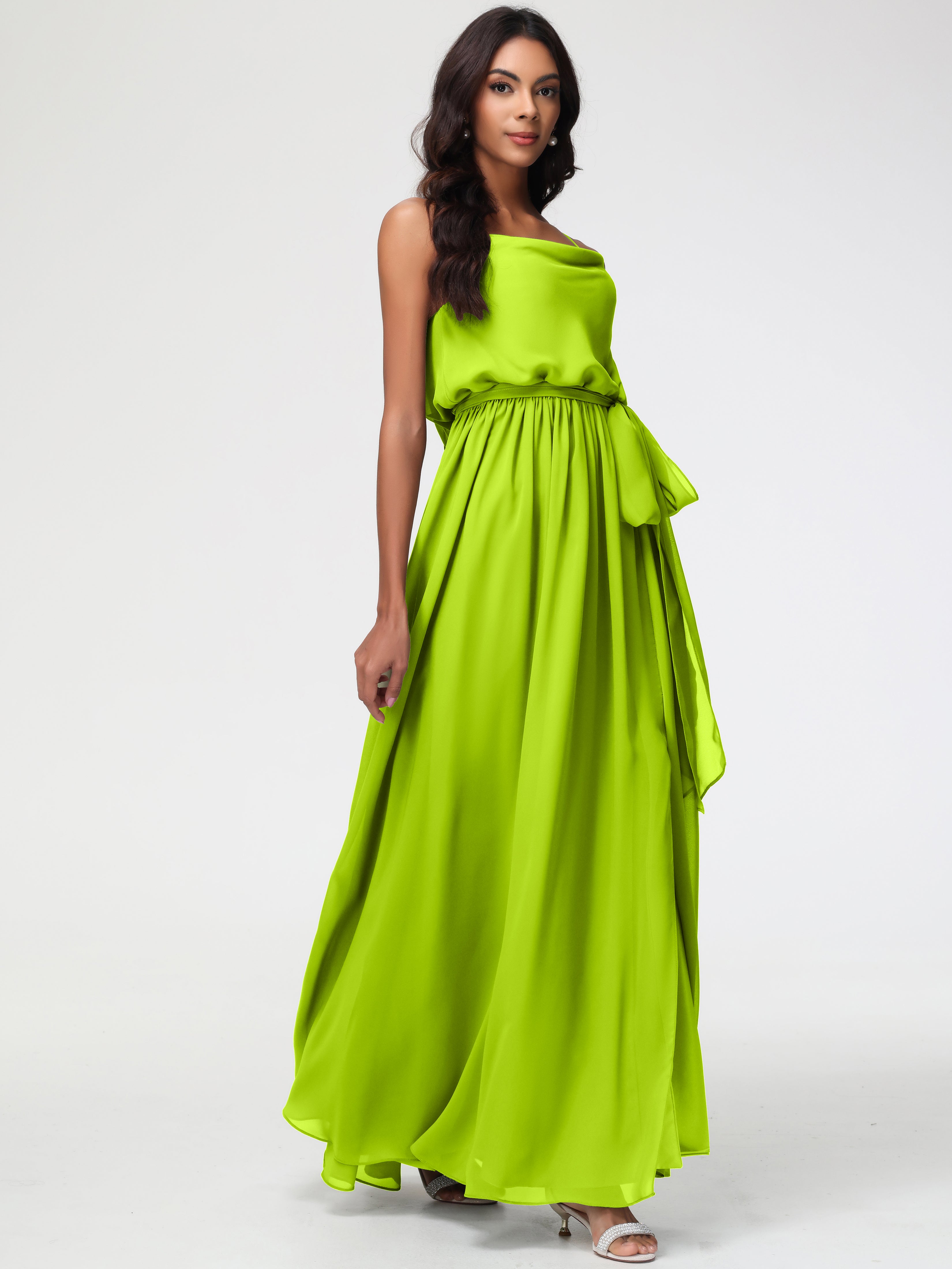 A-Line Cowl Spaghetti Straps Sleeveless Long Split Chiffon Bridesmaid Dresses