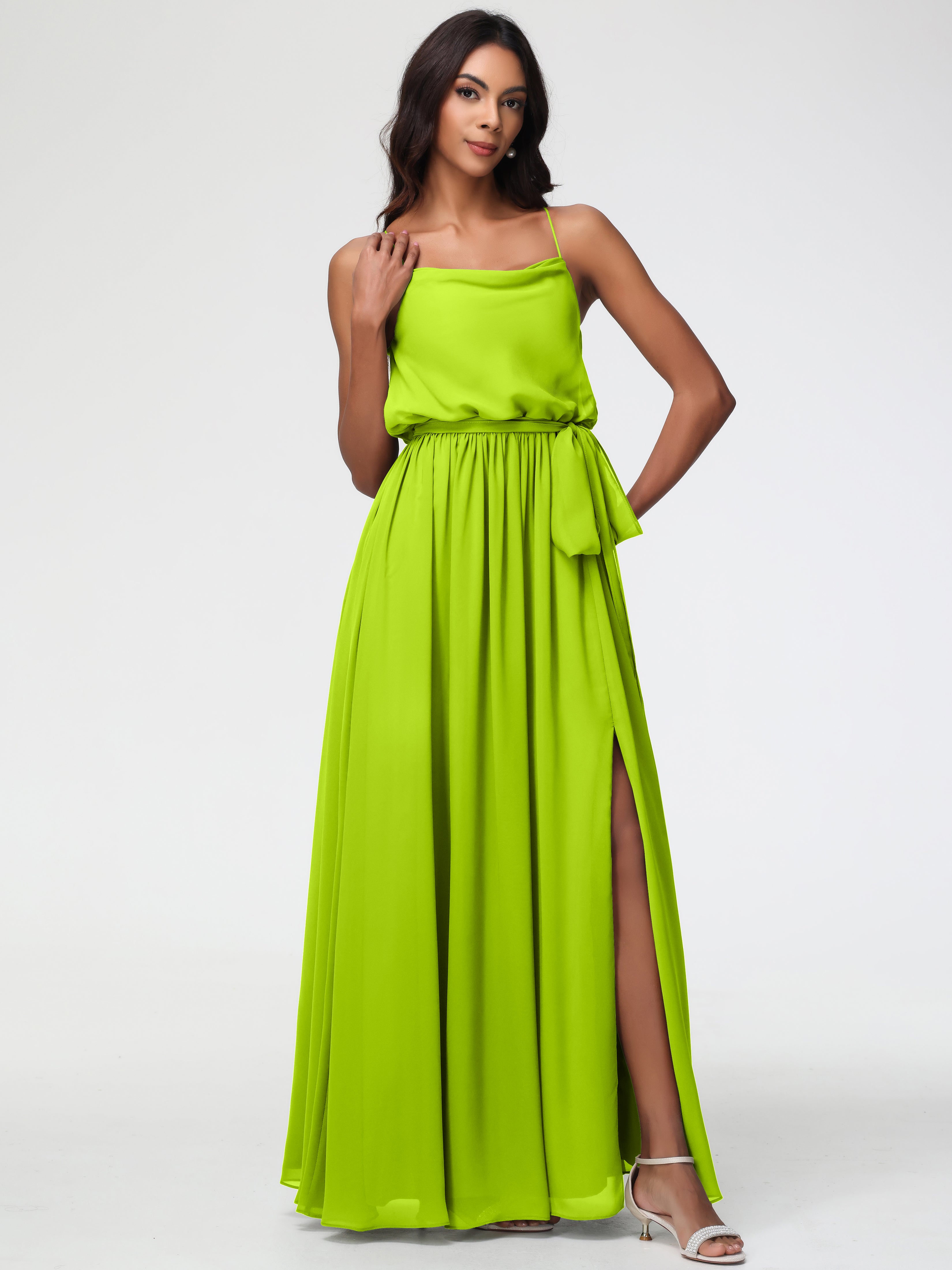 A-Line Cowl Spaghetti Straps Sleeveless Long Split Chiffon Bridesmaid Dresses