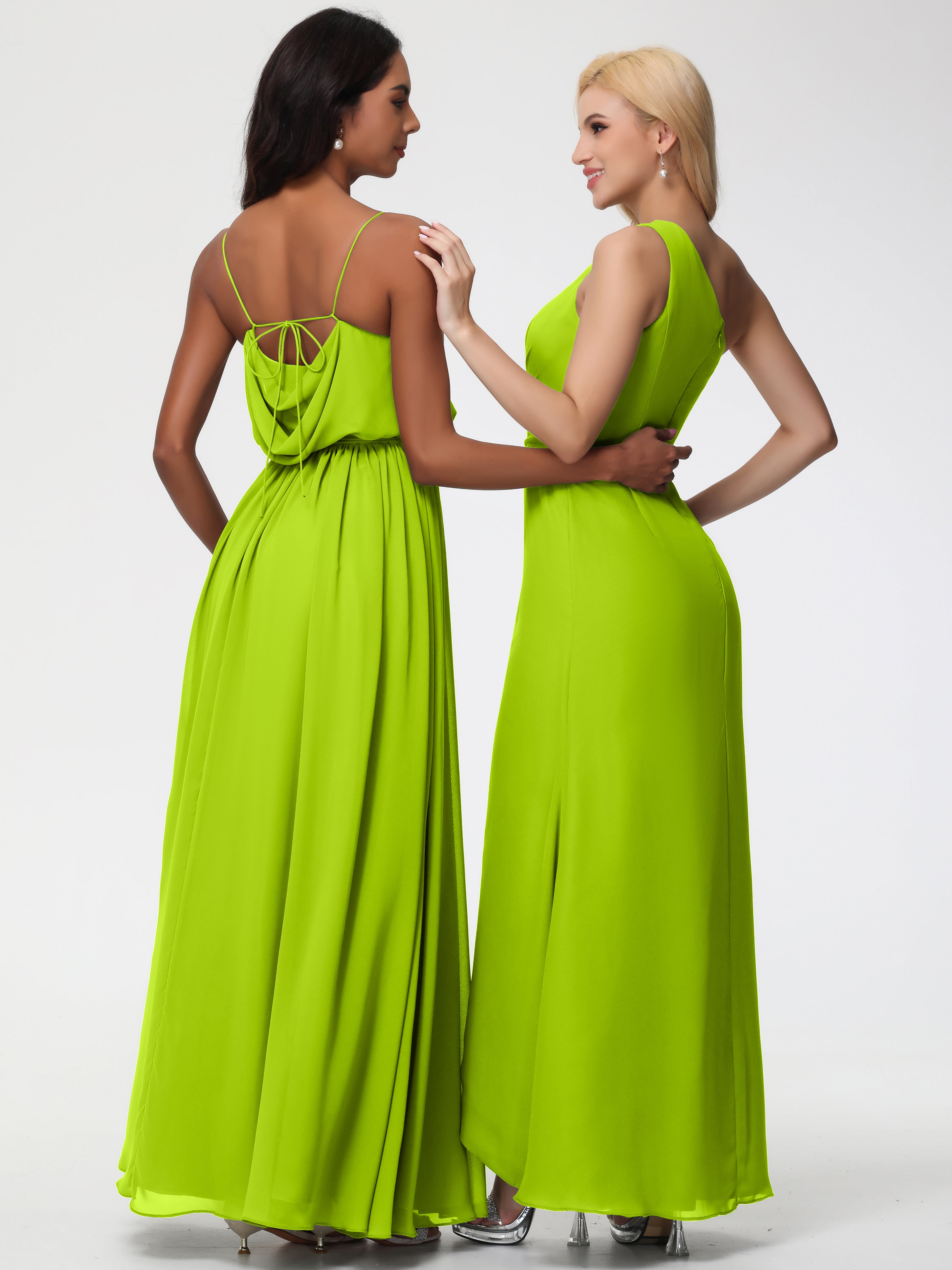 A-Line Cowl Spaghetti Straps Sleeveless Long Split Chiffon Bridesmaid Dresses