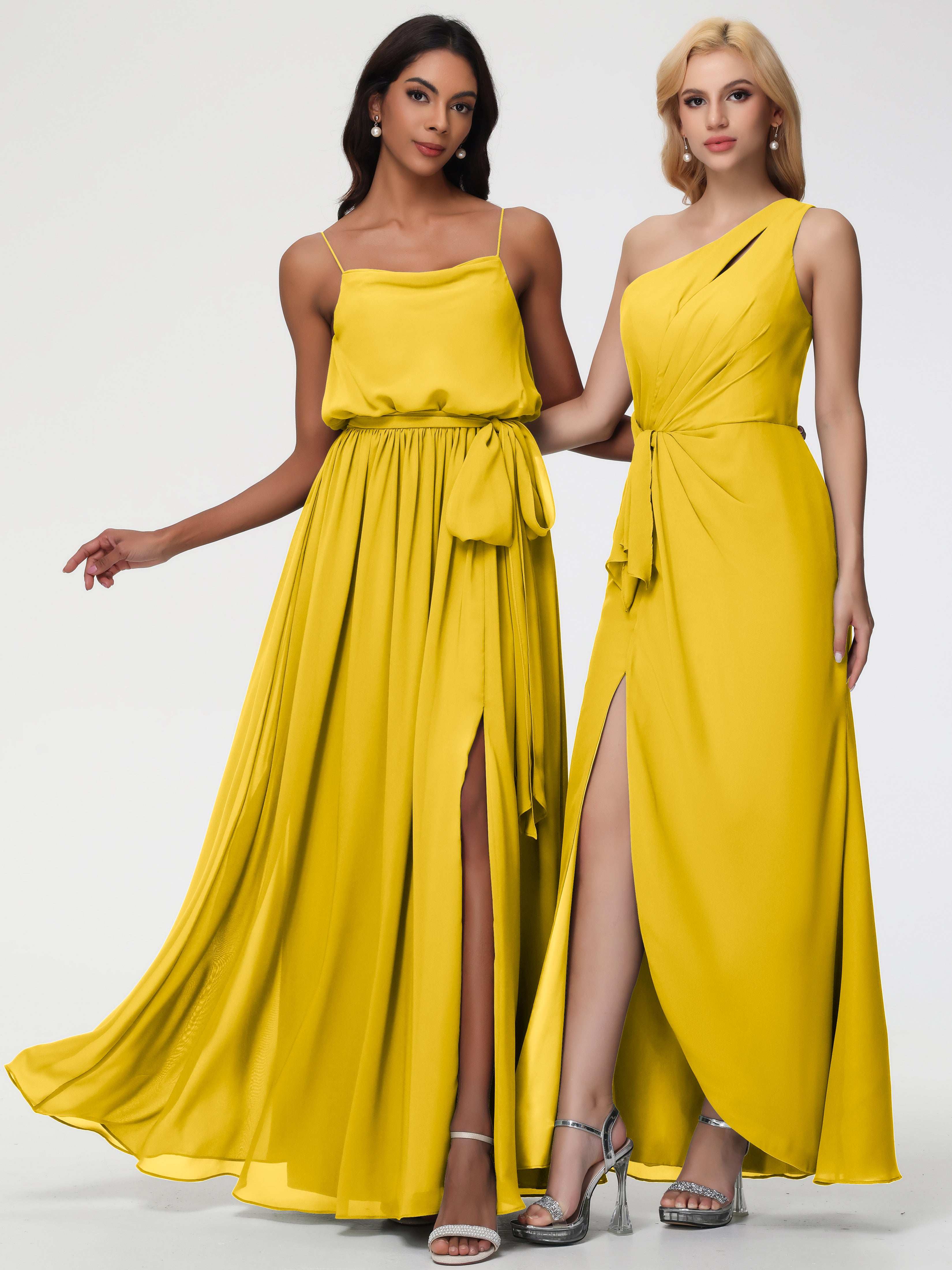 A-Line Cowl Spaghetti Straps Sleeveless Long Split Chiffon Bridesmaid Dresses