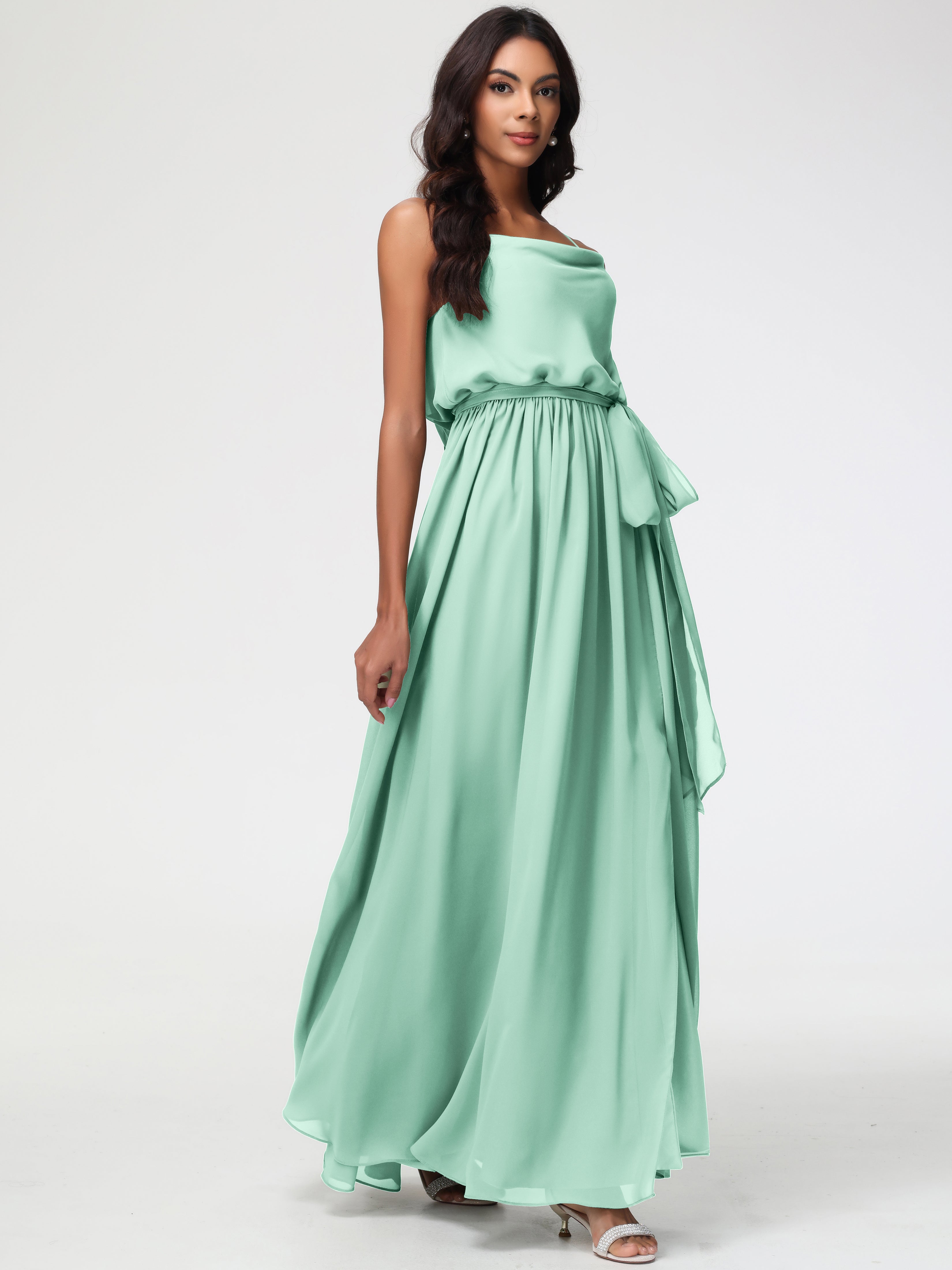 A-Line Cowl Spaghetti Straps Sleeveless Long Split Chiffon Bridesmaid Dresses