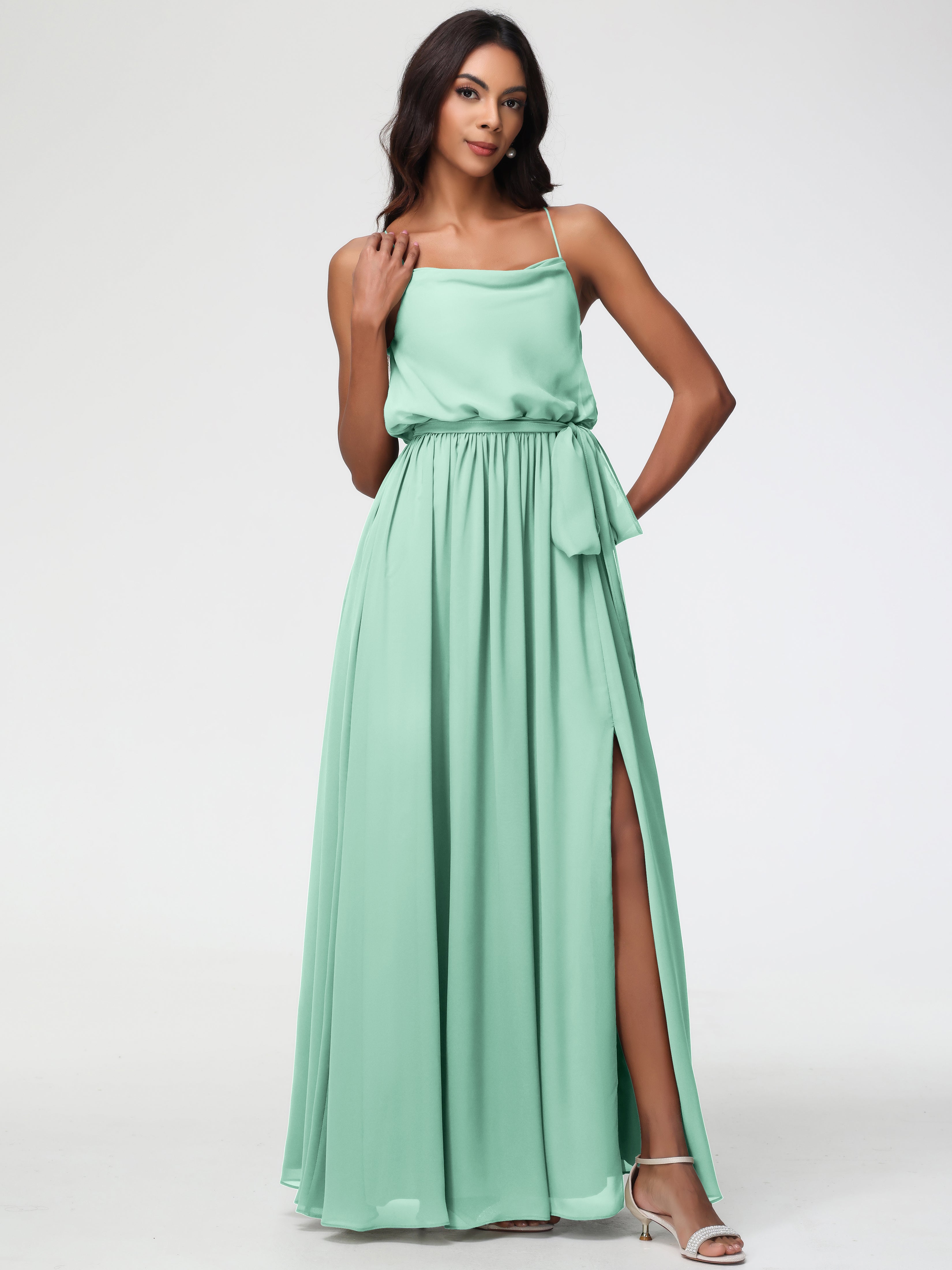 A-Line Cowl Spaghetti Straps Sleeveless Long Split Chiffon Bridesmaid Dresses