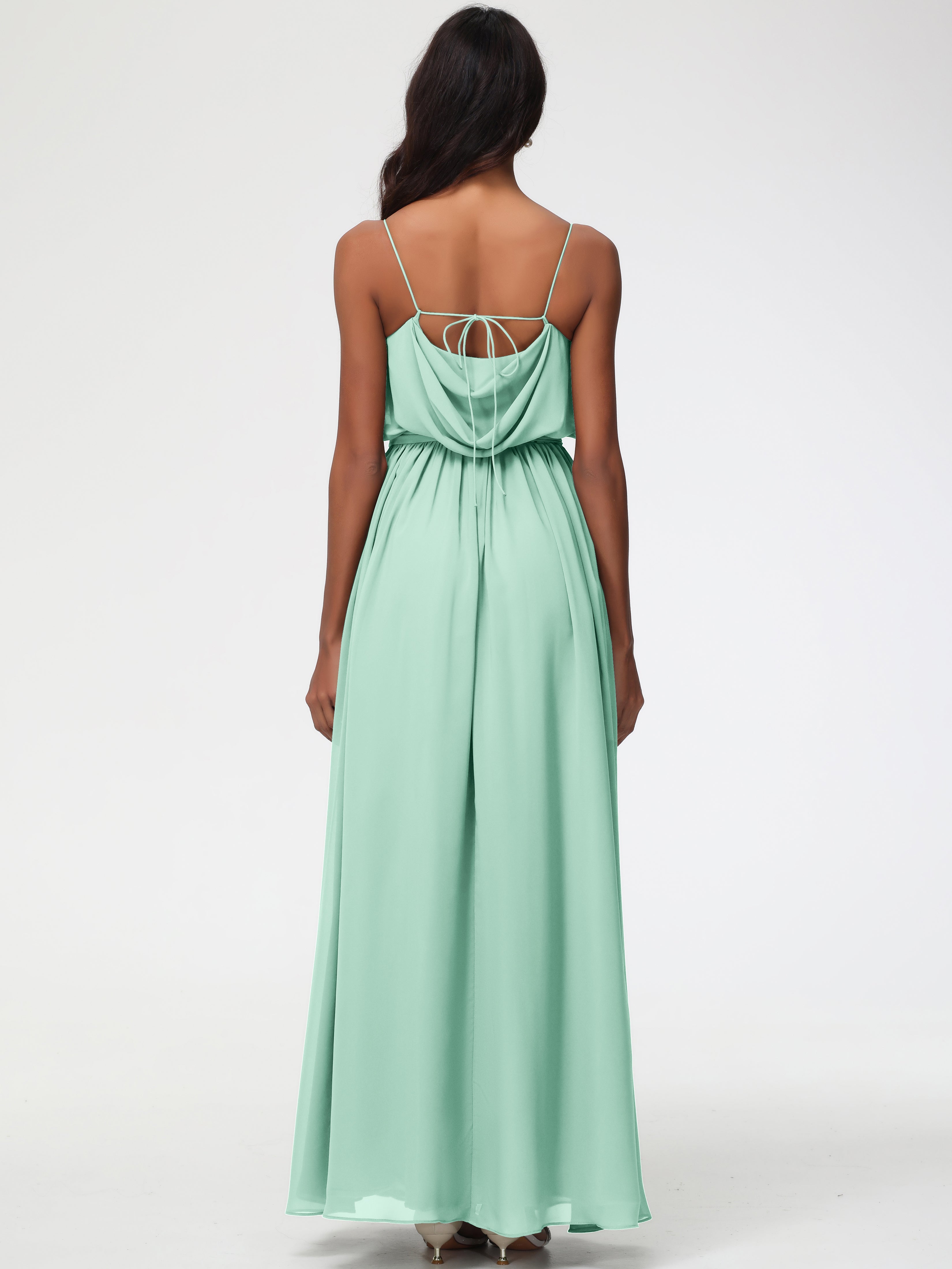 A-Line Cowl Spaghetti Straps Sleeveless Long Split Chiffon Bridesmaid Dresses