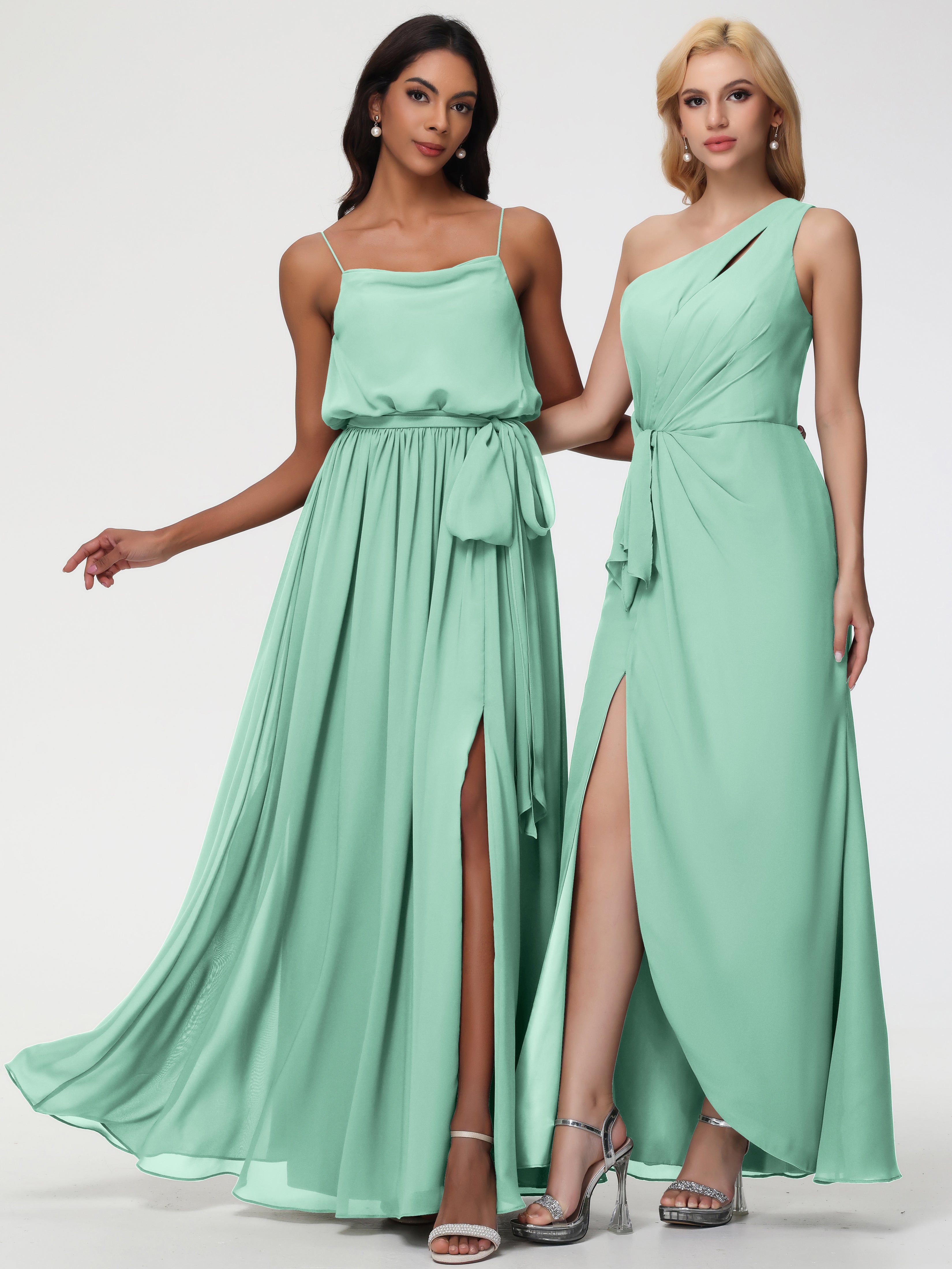 A-Line Cowl Spaghetti Straps Sleeveless Long Split Chiffon Bridesmaid Dresses