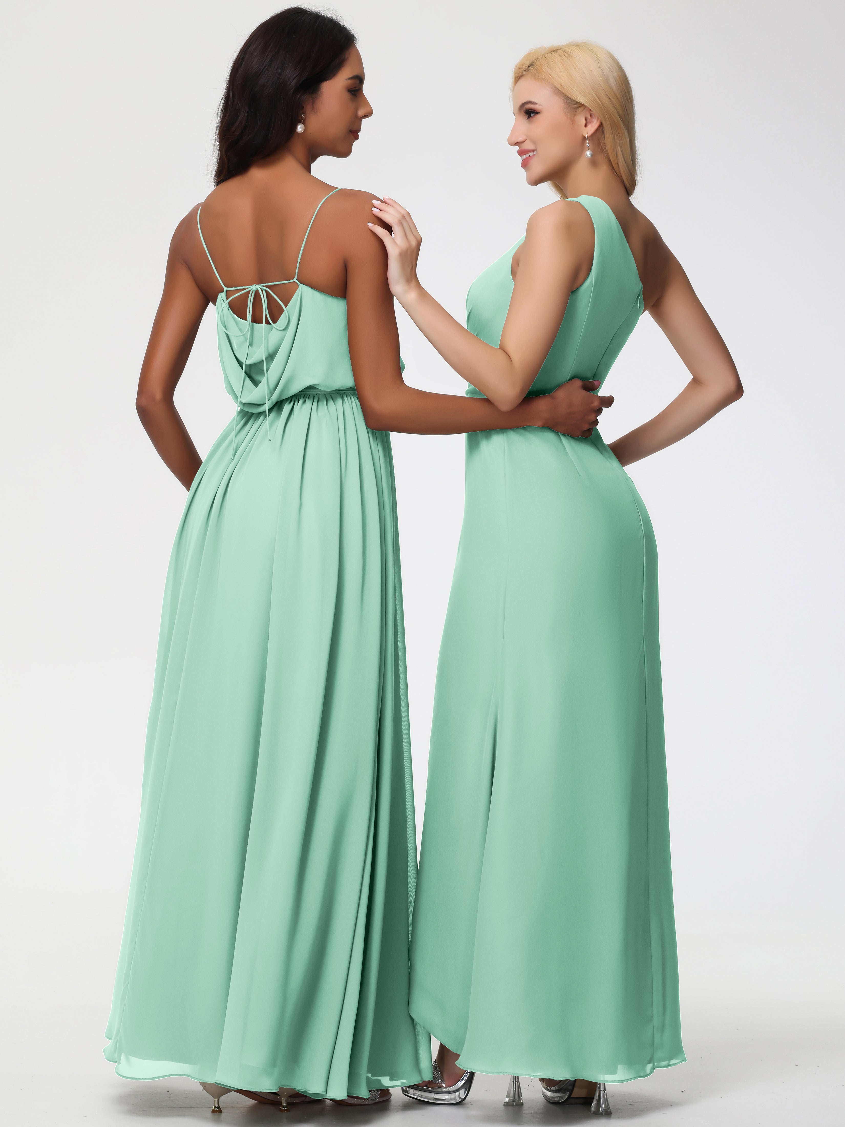 A-Line Cowl Spaghetti Straps Sleeveless Long Split Chiffon Bridesmaid Dresses