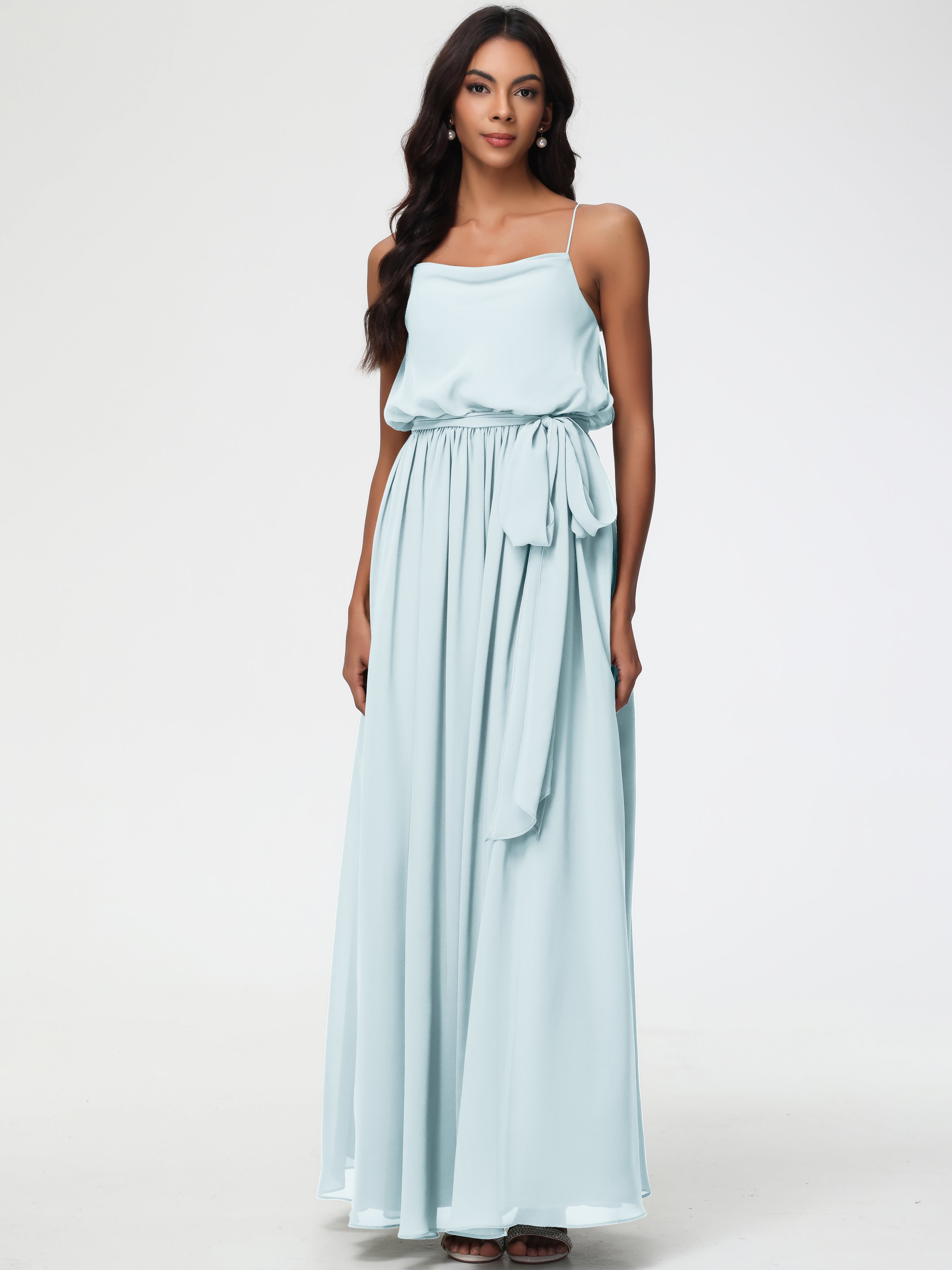 A-Line Cowl Spaghetti Straps Sleeveless Long Split Chiffon Bridesmaid Dresses