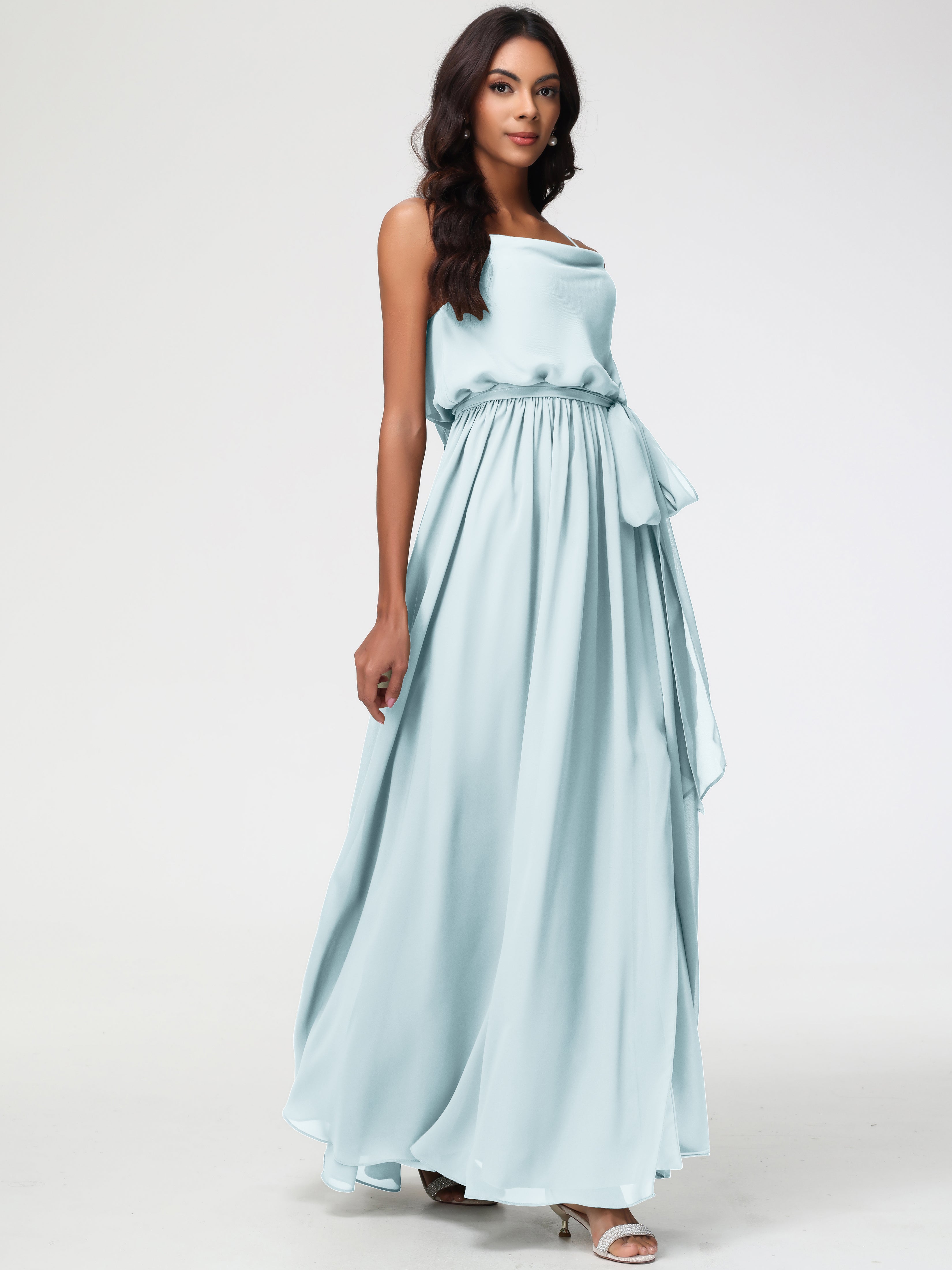 A-Line Cowl Spaghetti Straps Sleeveless Long Split Chiffon Bridesmaid Dresses