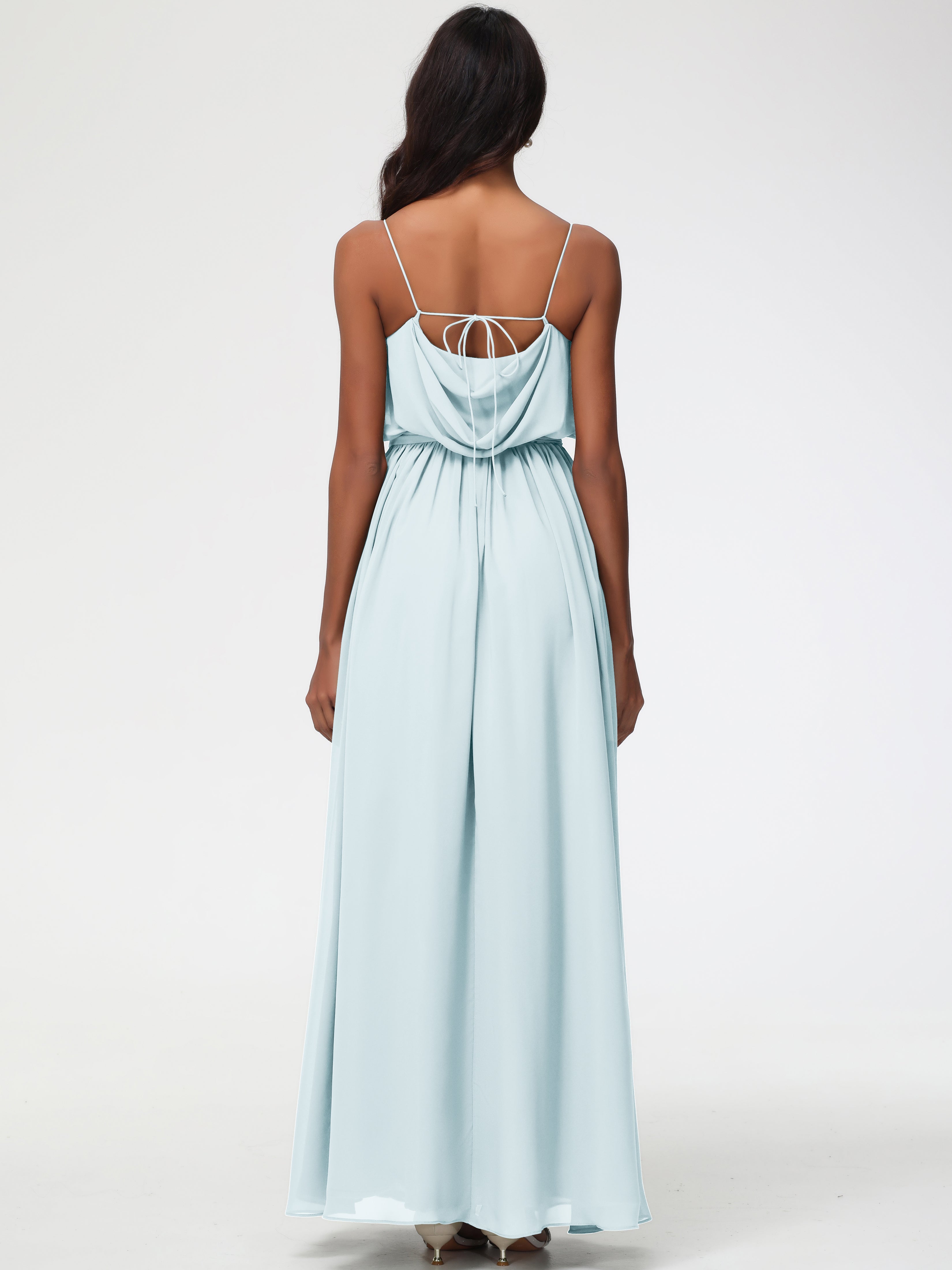A-Line Cowl Spaghetti Straps Sleeveless Long Split Chiffon Bridesmaid Dresses