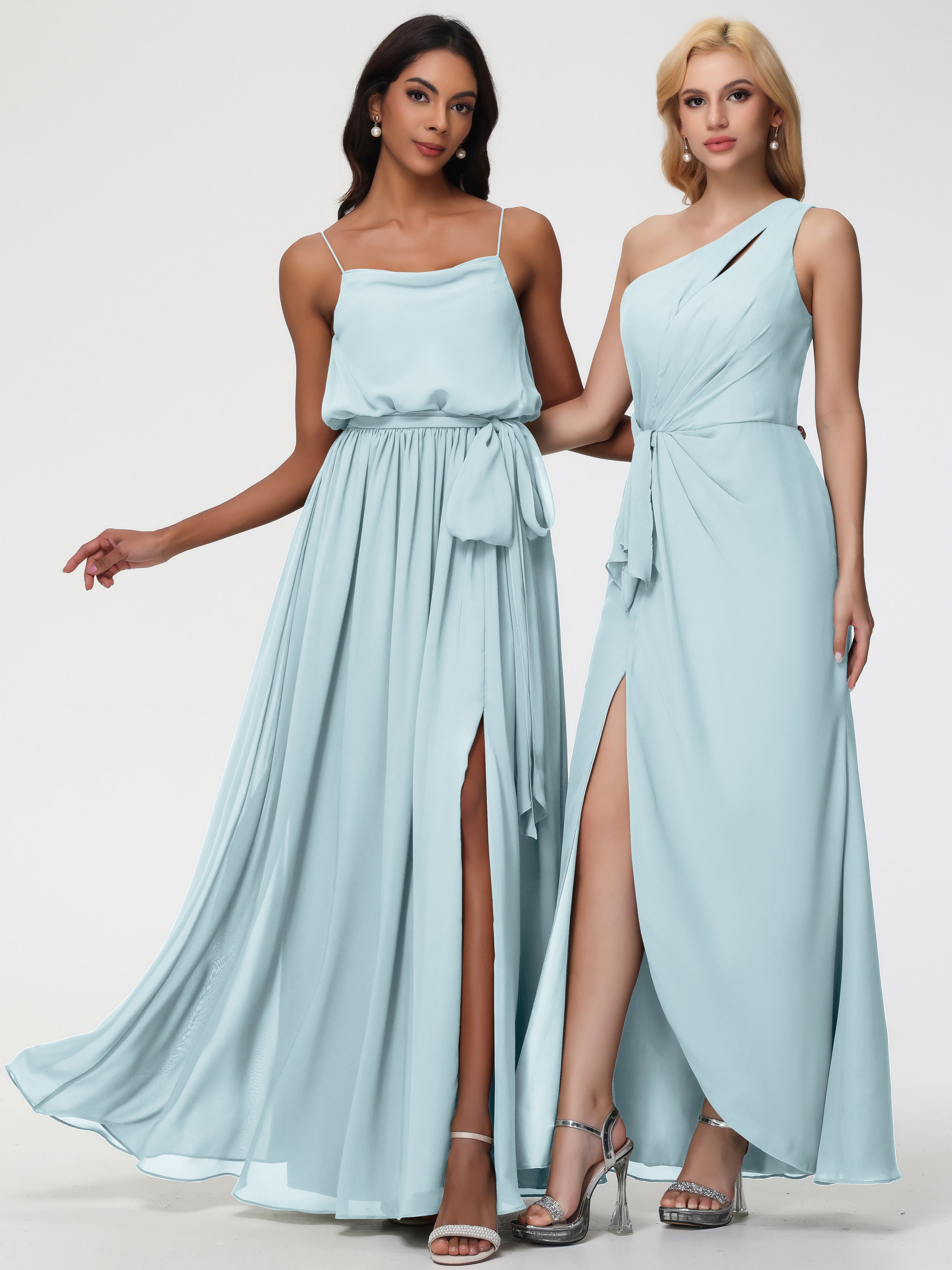 A-Line Cowl Spaghetti Straps Sleeveless Long Split Chiffon Bridesmaid Dresses
