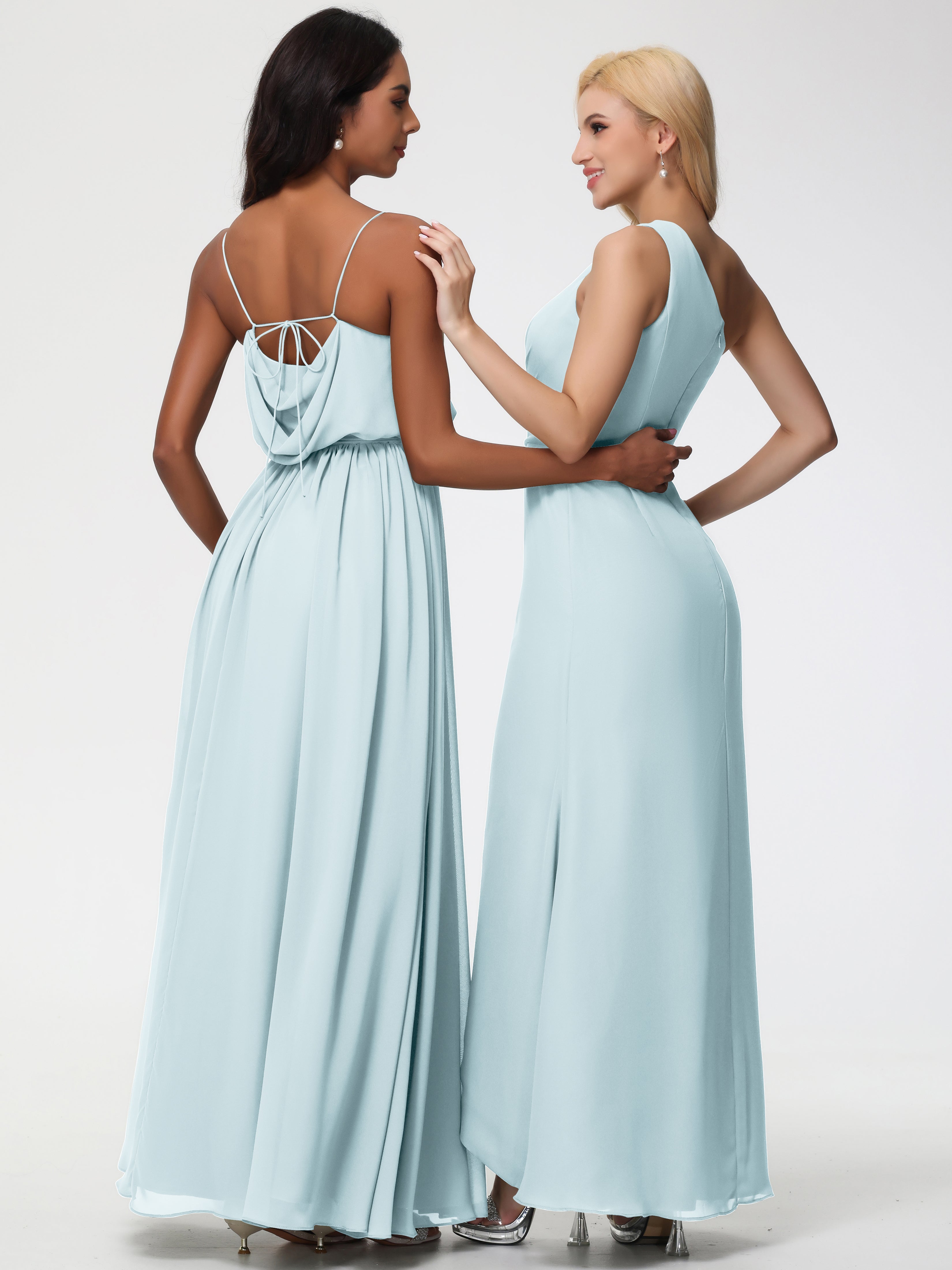 A-Line Cowl Spaghetti Straps Sleeveless Long Split Chiffon Bridesmaid Dresses