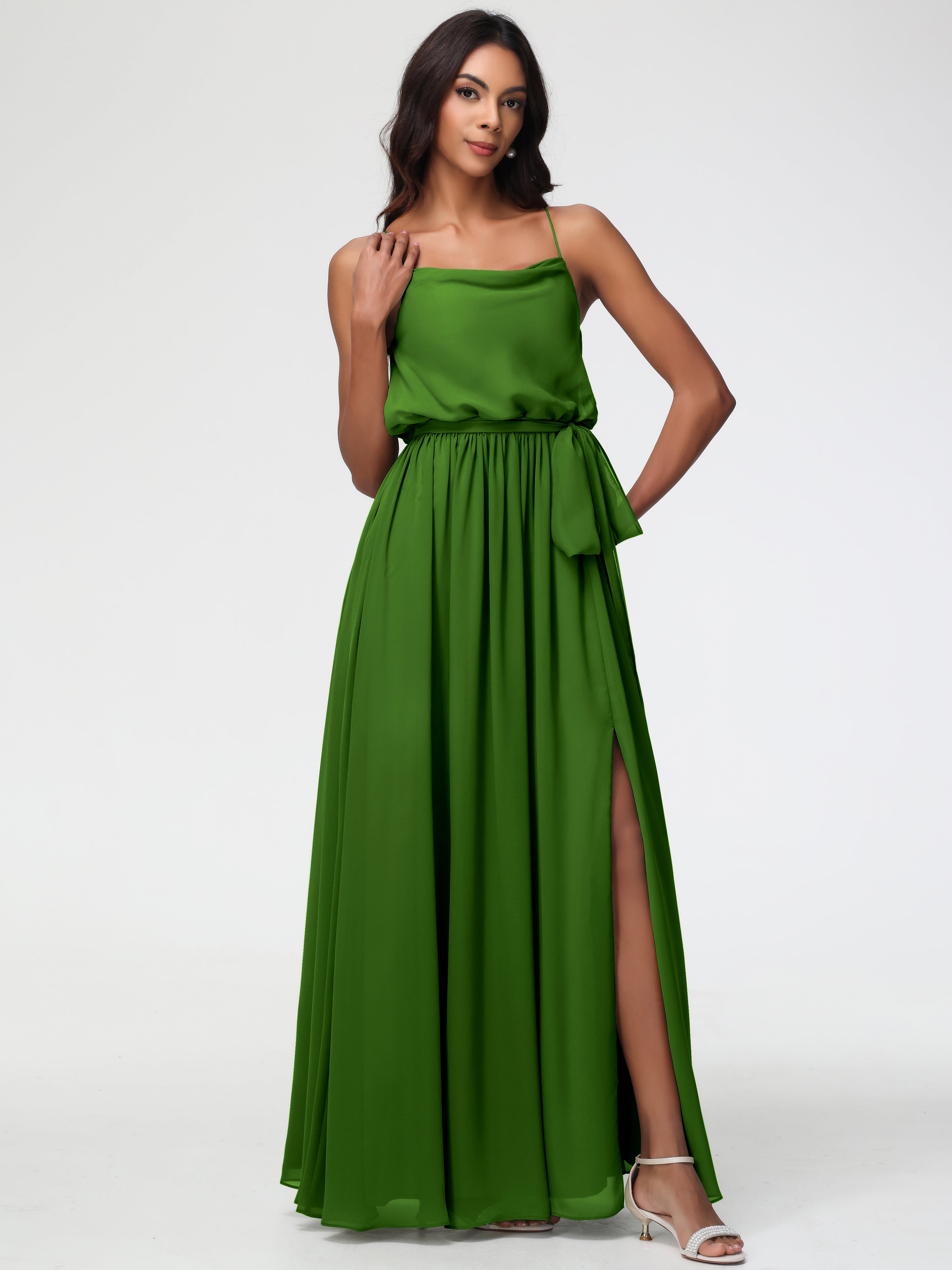 A-Line Cowl Spaghetti Straps Sleeveless Long Split Chiffon Bridesmaid Dresses
