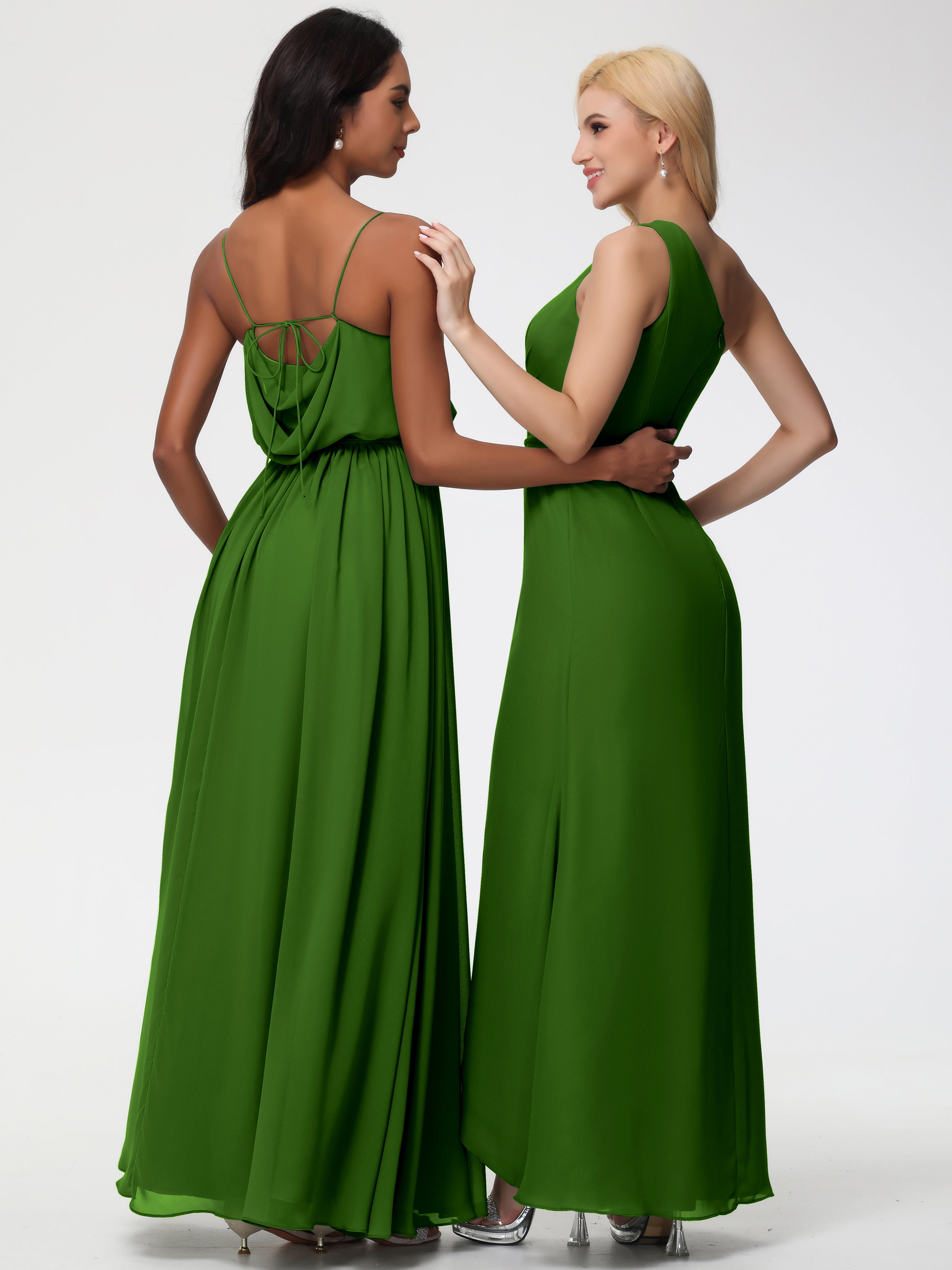 A-Line Cowl Spaghetti Straps Sleeveless Long Split Chiffon Bridesmaid Dresses