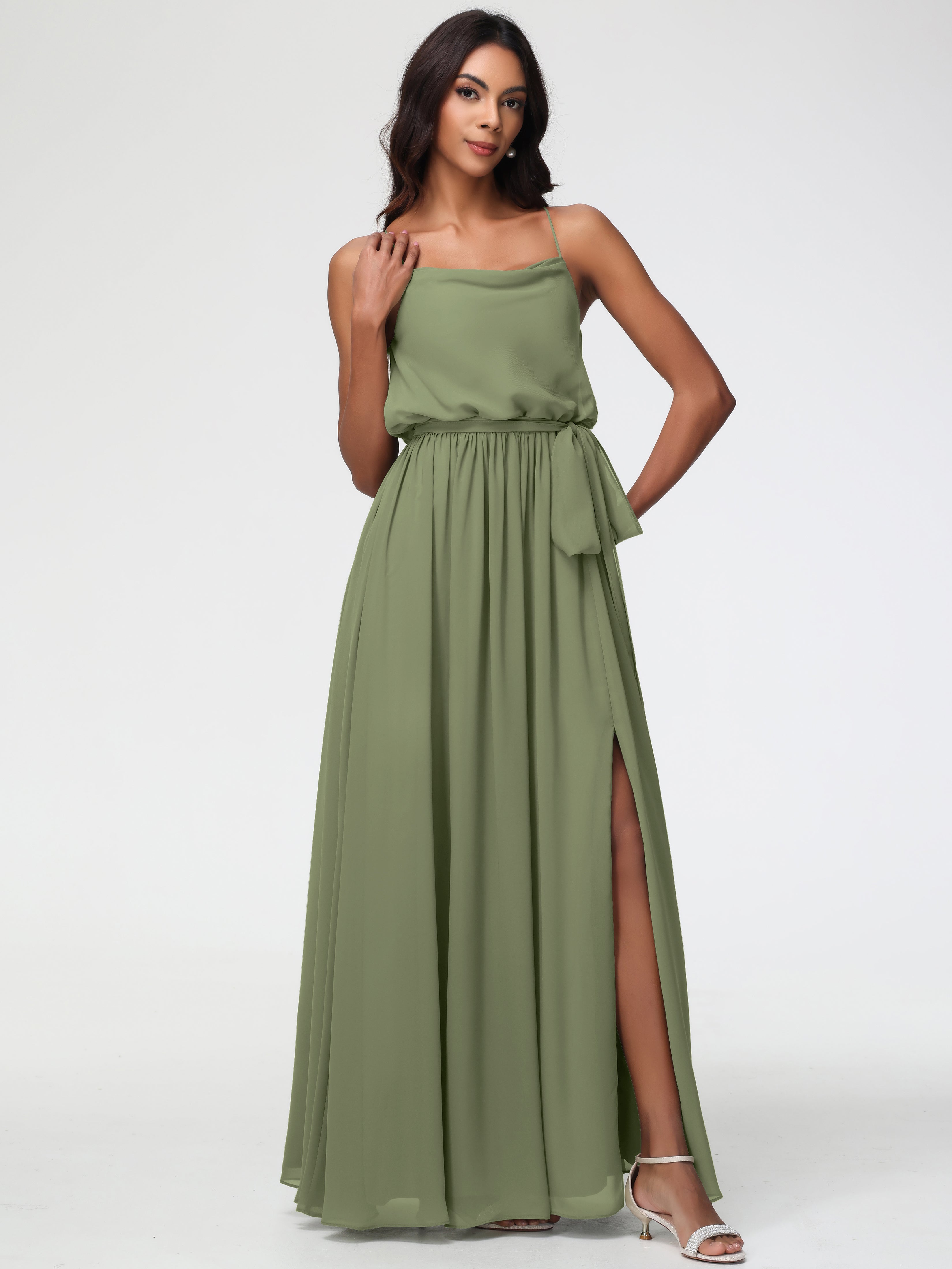 A-Line Cowl Spaghetti Straps Sleeveless Long Split Chiffon Bridesmaid Dresses (Copy)