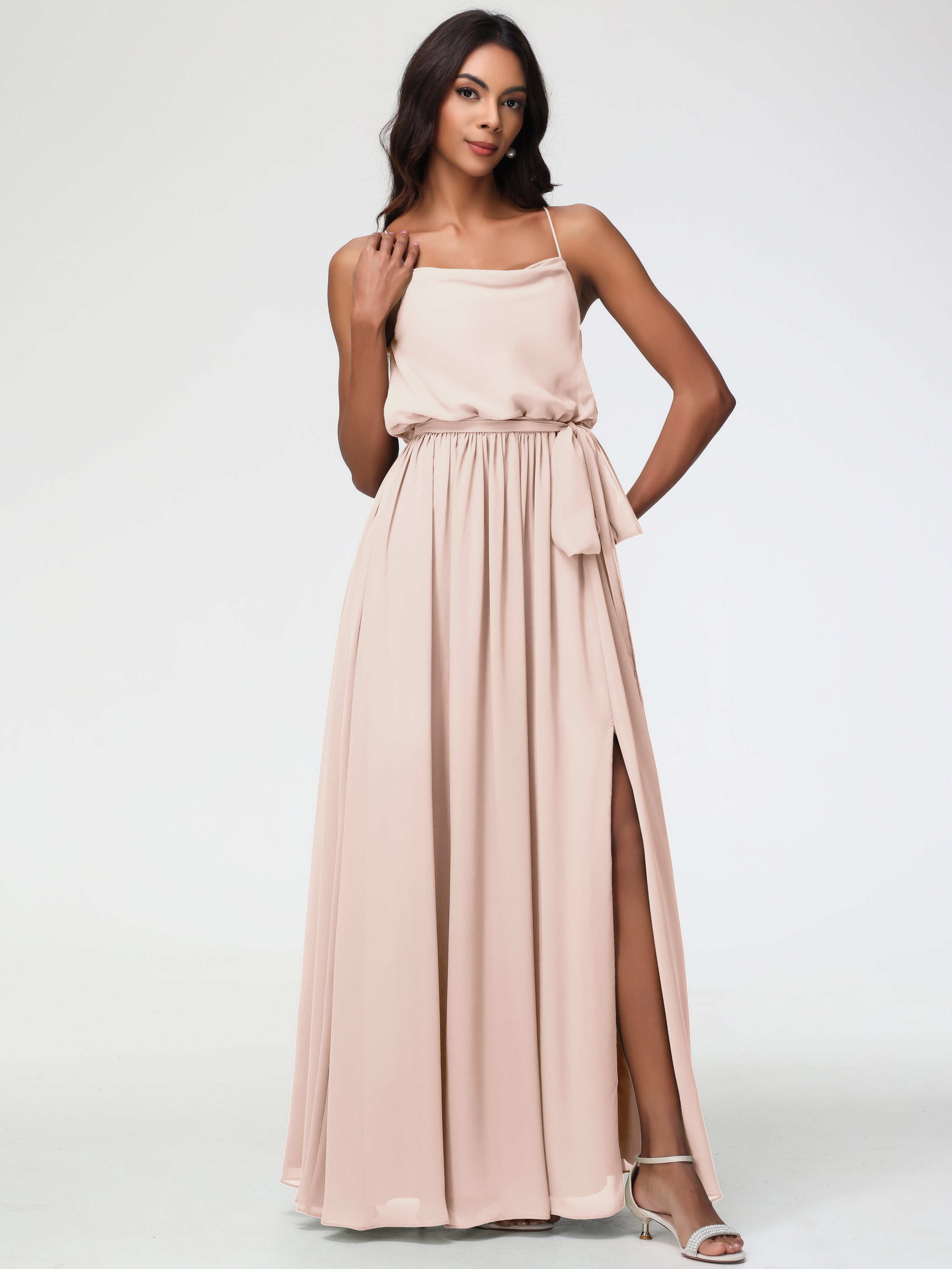 A-Line Cowl Spaghetti Straps Sleeveless Long Split Chiffon Bridesmaid Dresses (Copy)