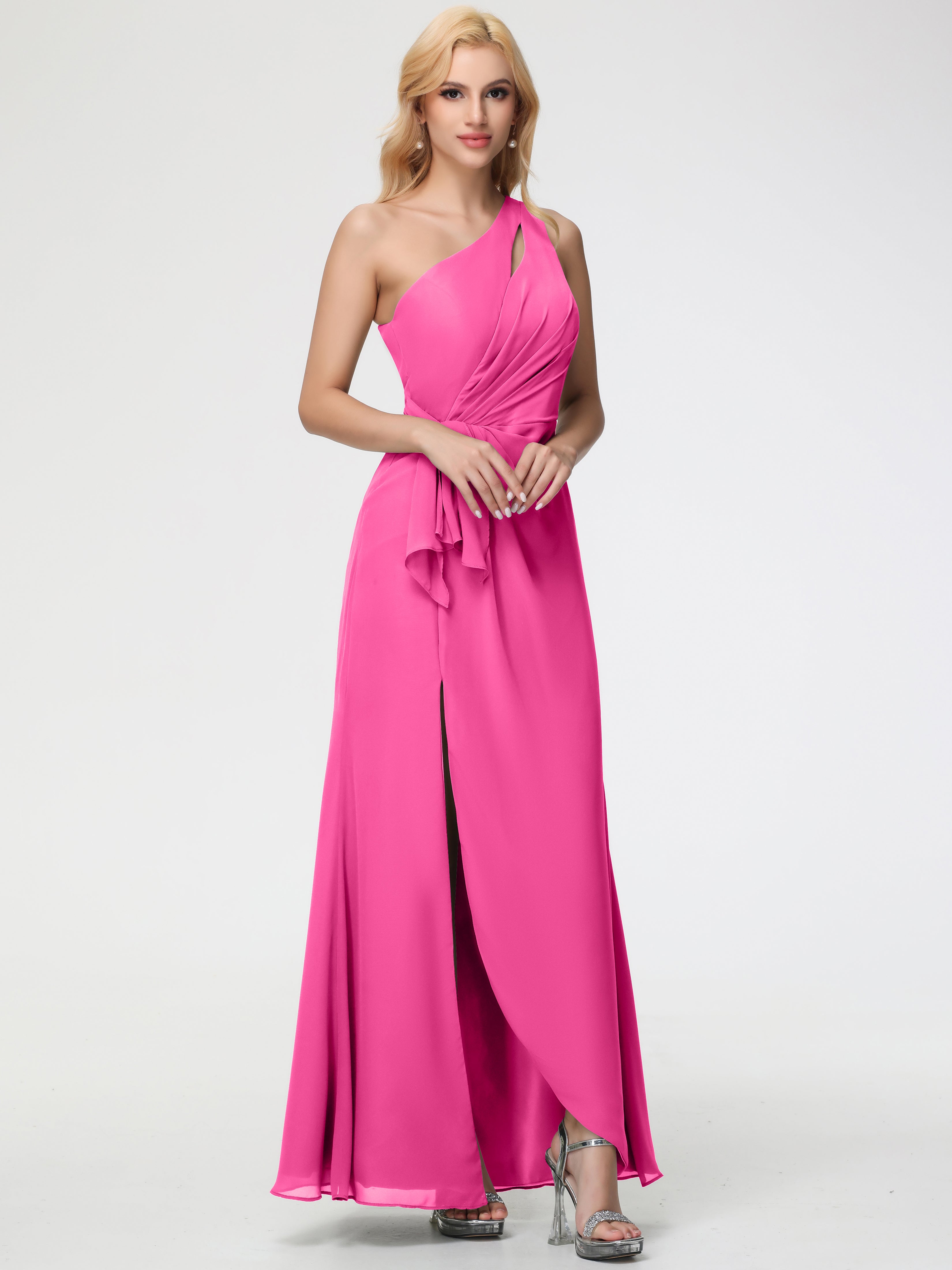 One Shoulder Sheath/Column Sleeveless Long Split Chiffon Bridesmaid Dresses