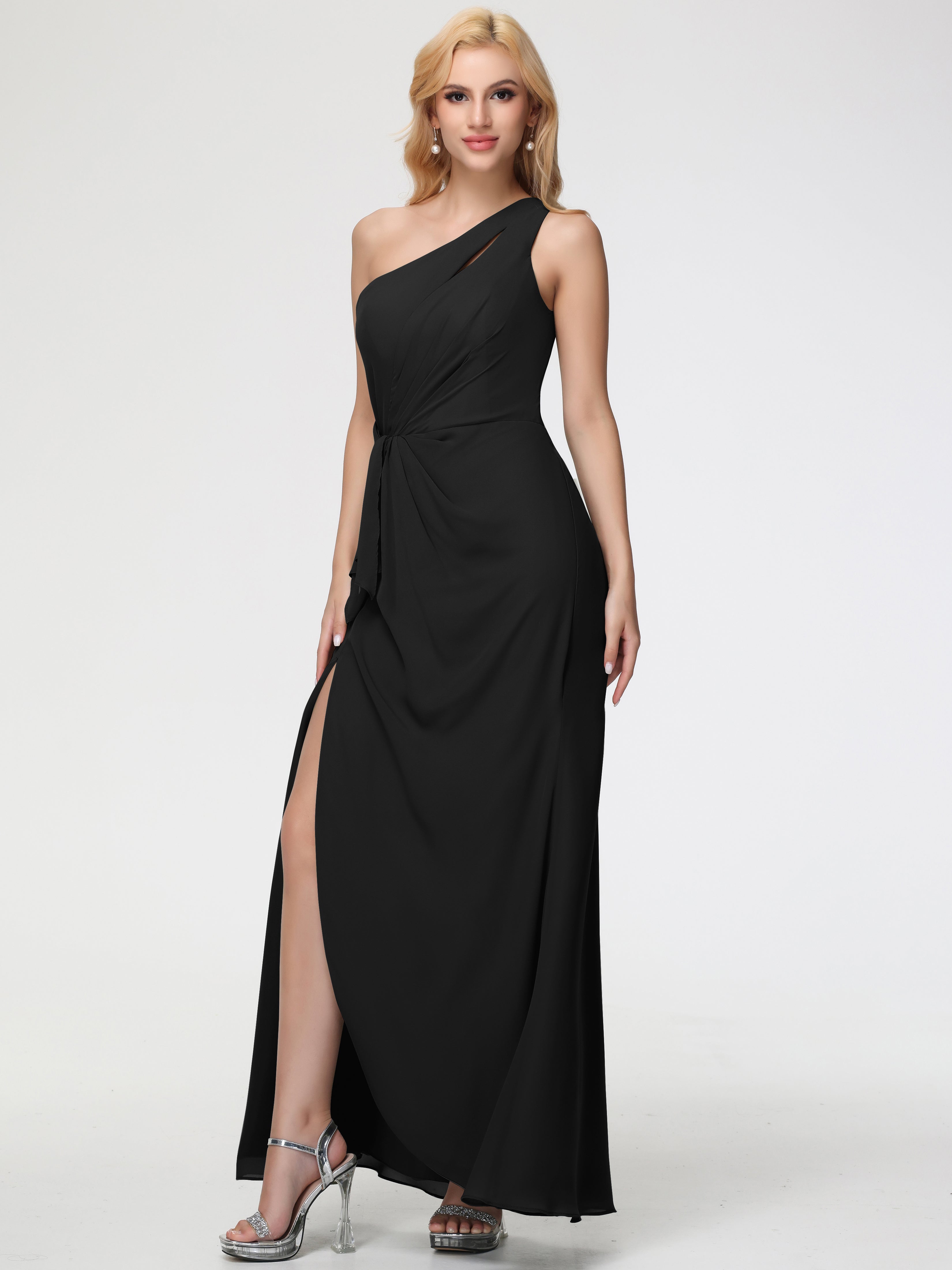 One Shoulder Sheath/Column Sleeveless Long Split Chiffon Bridesmaid Dresses