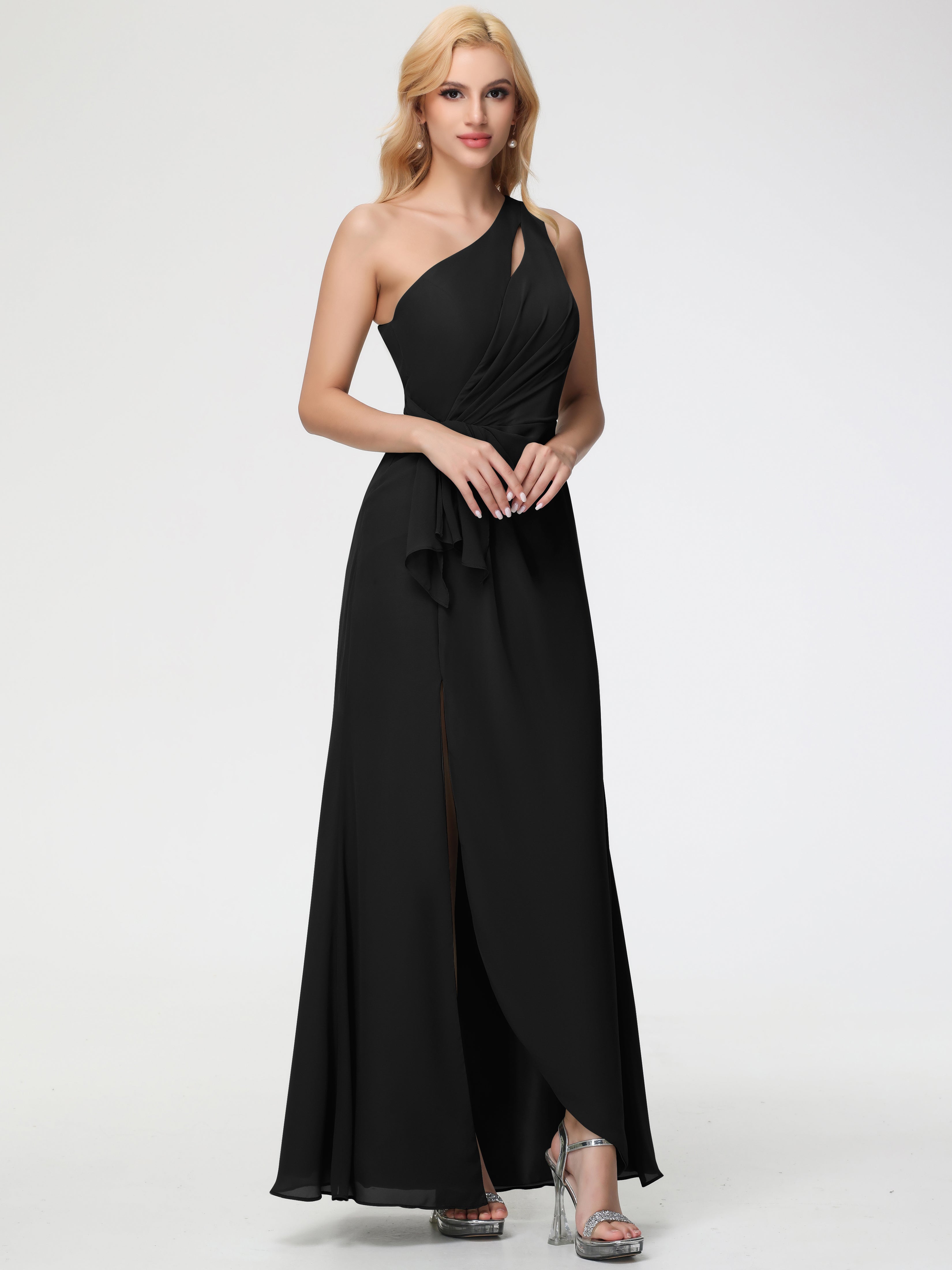 One Shoulder Sheath/Column Sleeveless Long Split Chiffon Bridesmaid Dresses
