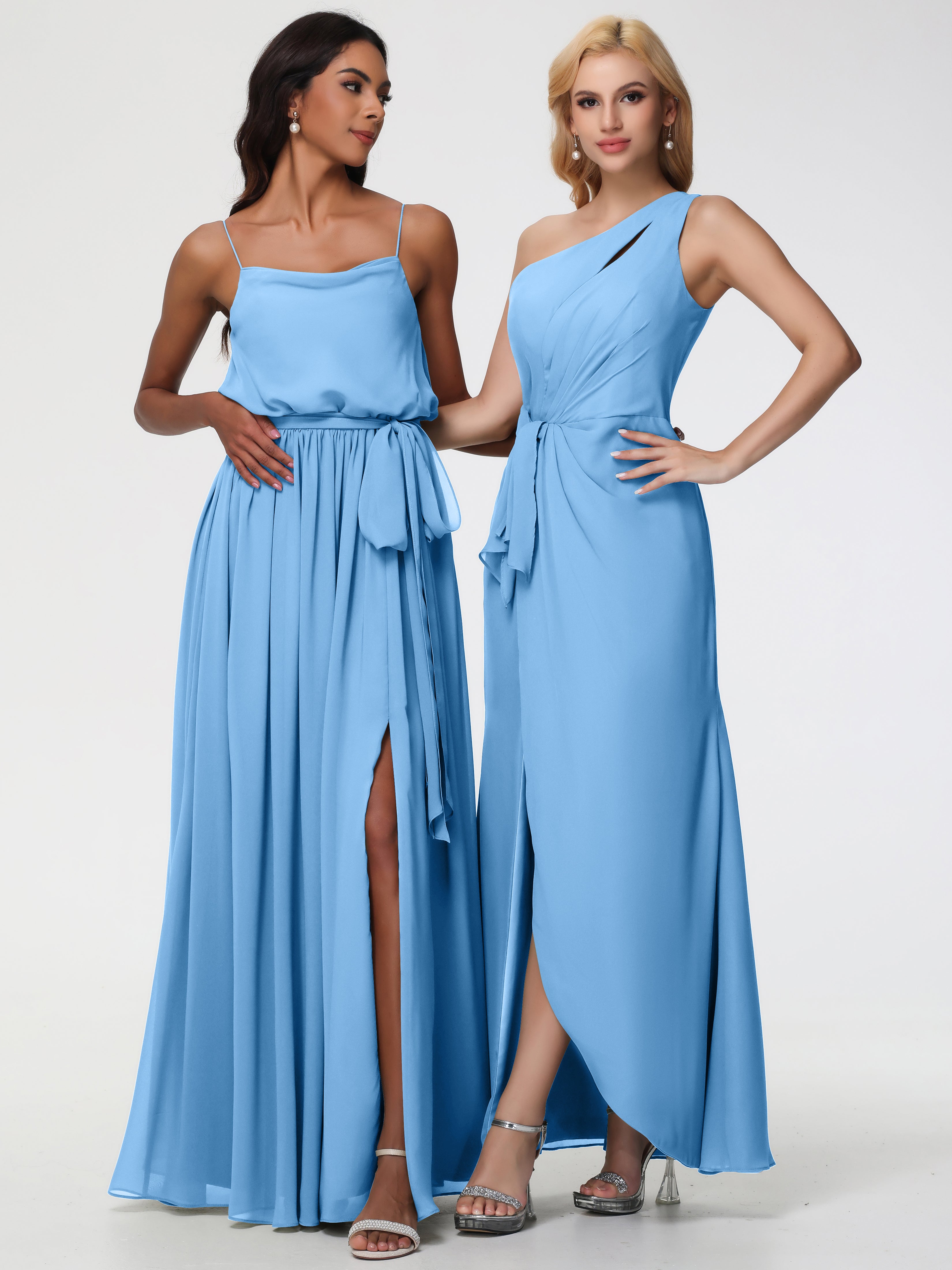One Shoulder Sheath/Column Sleeveless Long Split Chiffon Bridesmaid Dresses