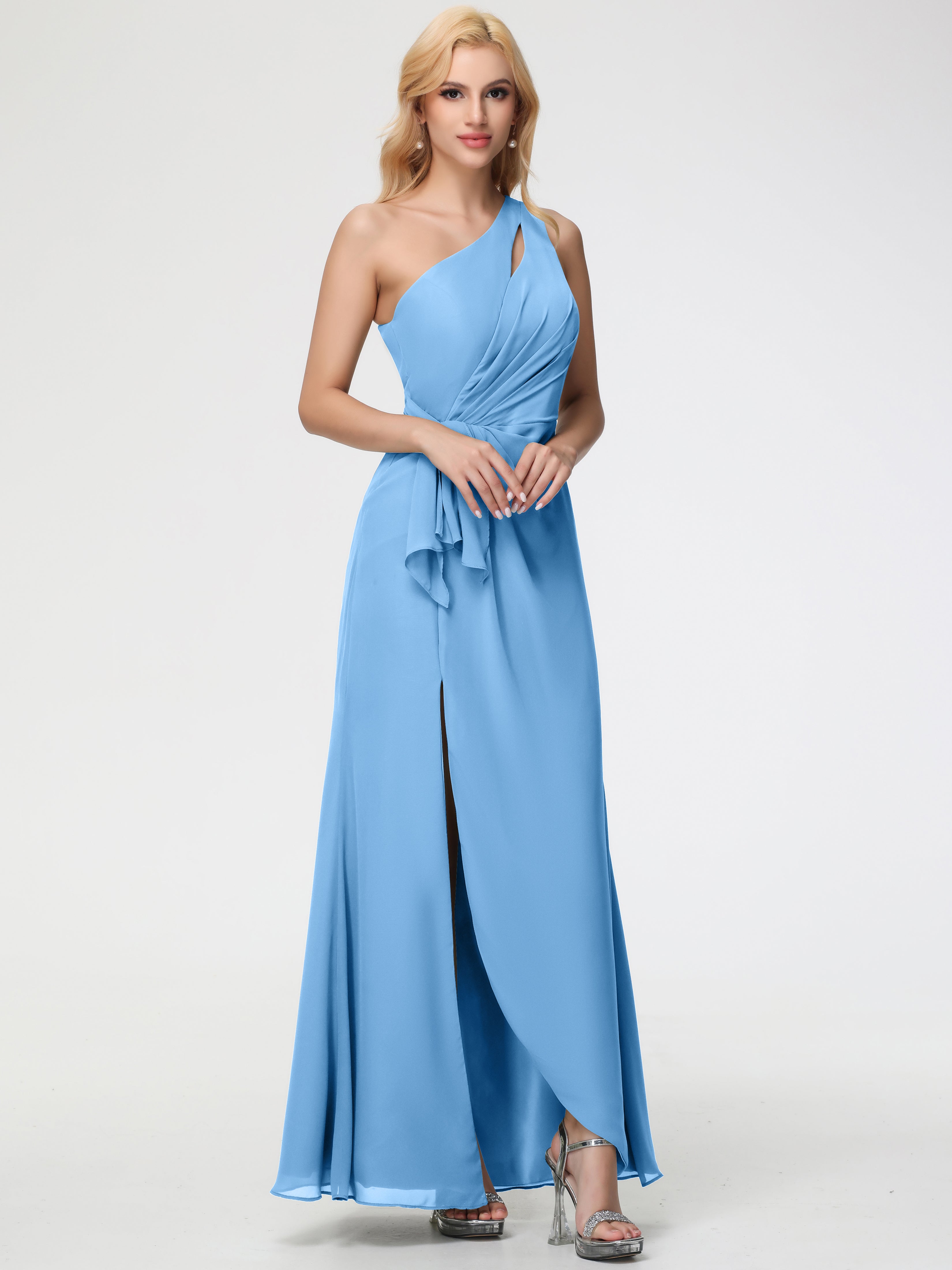 One Shoulder Sheath/Column Sleeveless Long Split Chiffon Bridesmaid Dresses