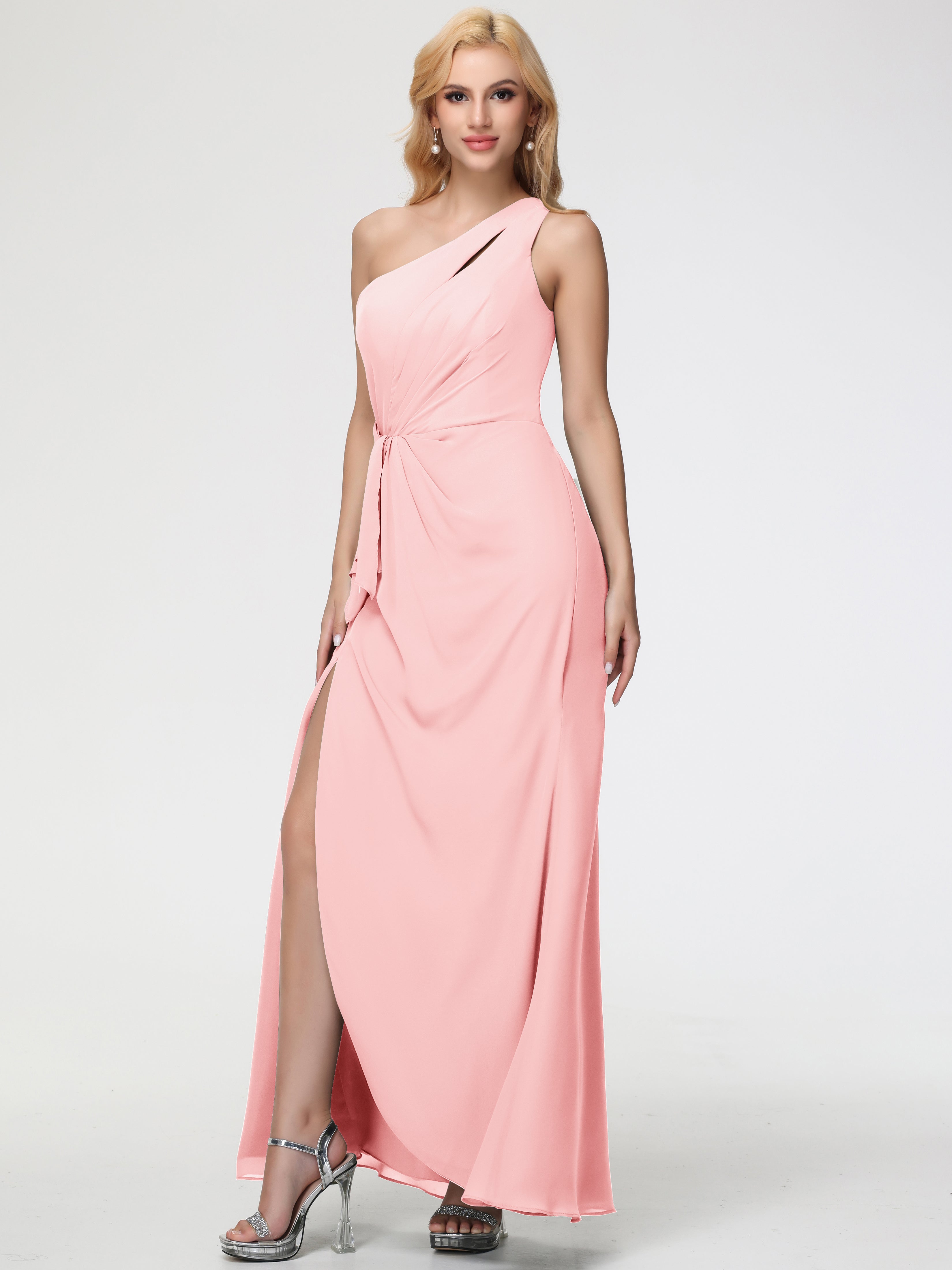 One Shoulder Sheath/Column Sleeveless Long Split Chiffon Bridesmaid Dresses