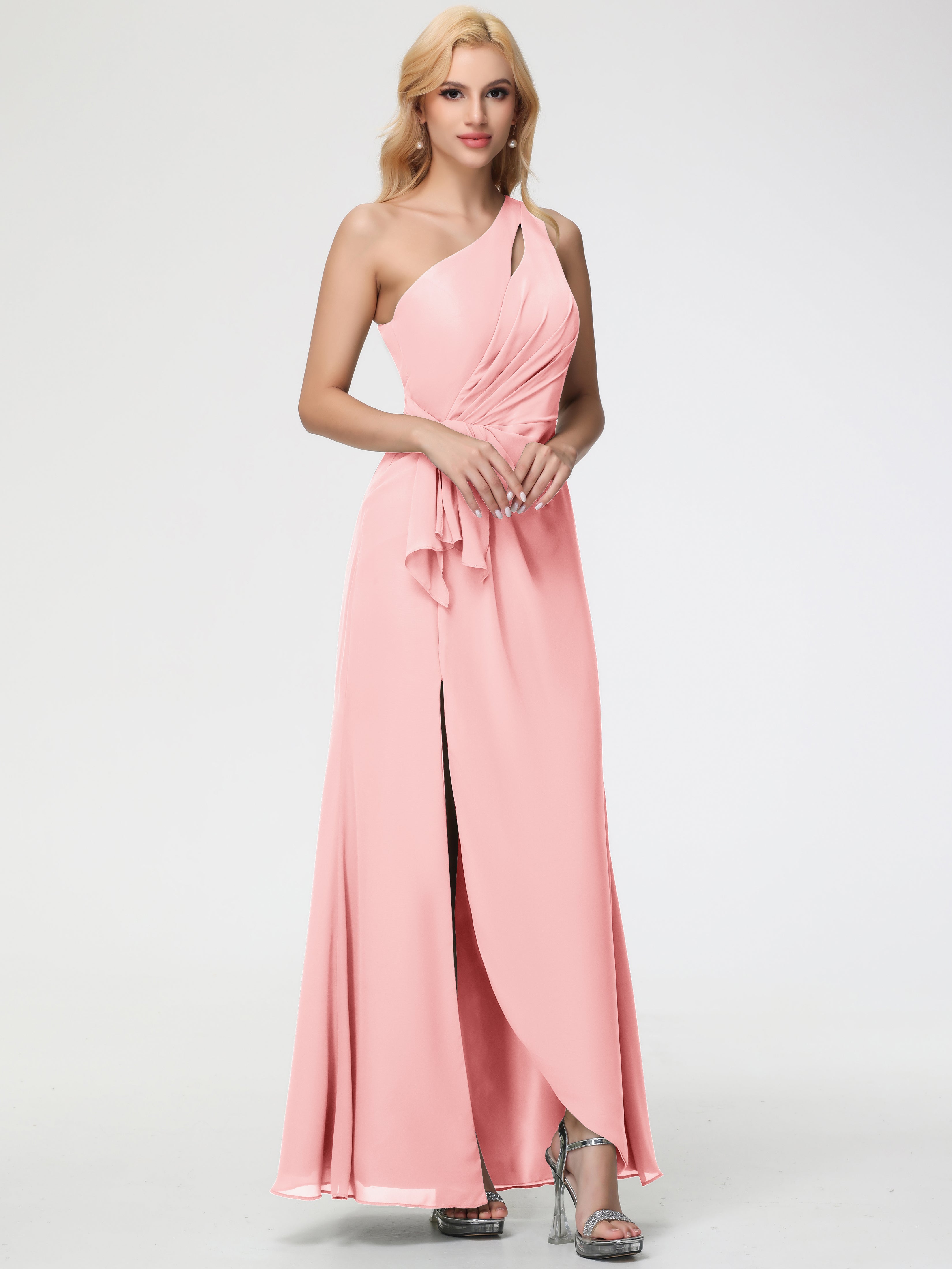 One Shoulder Sheath/Column Sleeveless Long Split Chiffon Bridesmaid Dresses