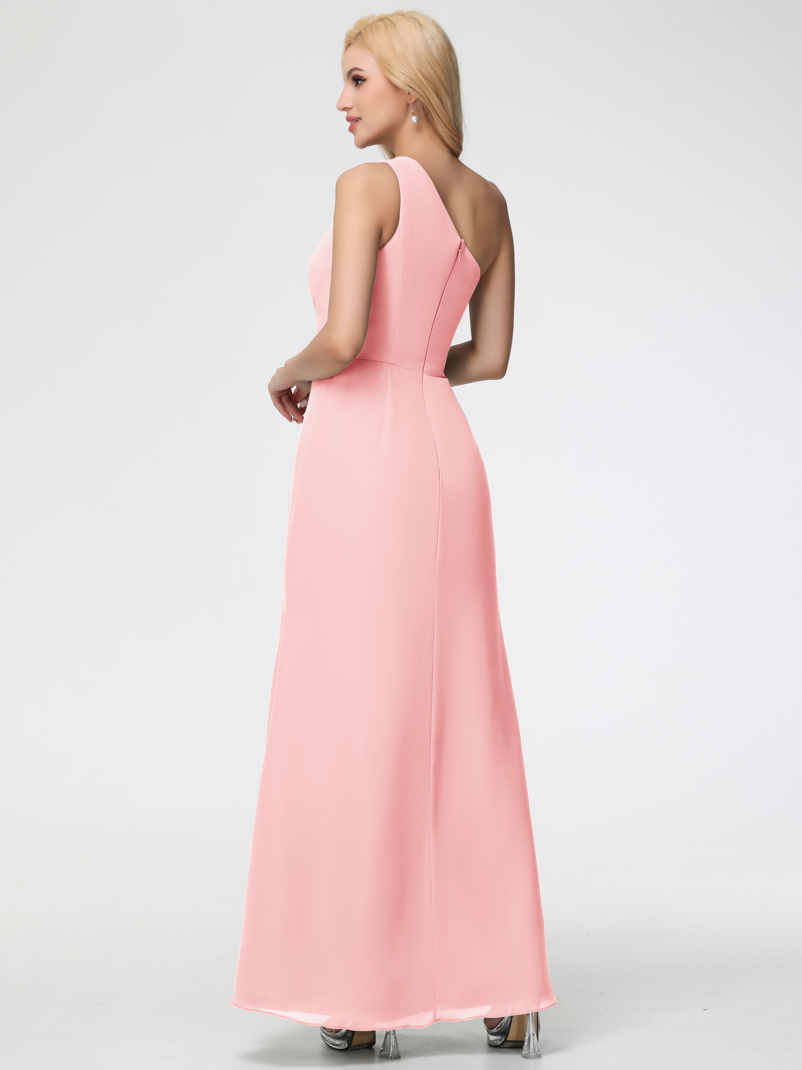 One Shoulder Sheath/Column Sleeveless Long Split Chiffon Bridesmaid Dresses