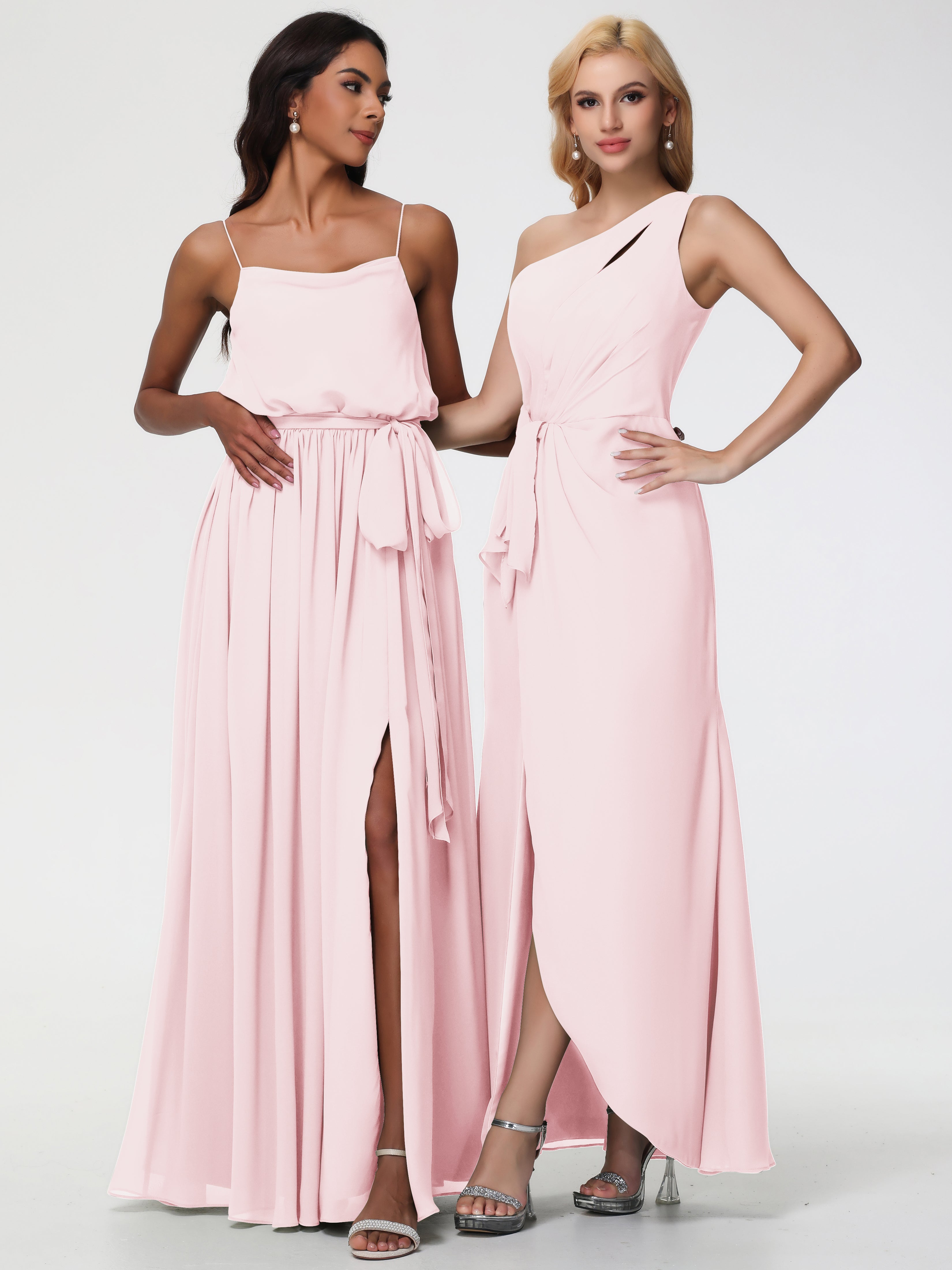 One Shoulder Sheath/Column Sleeveless Long Split Chiffon Bridesmaid Dresses