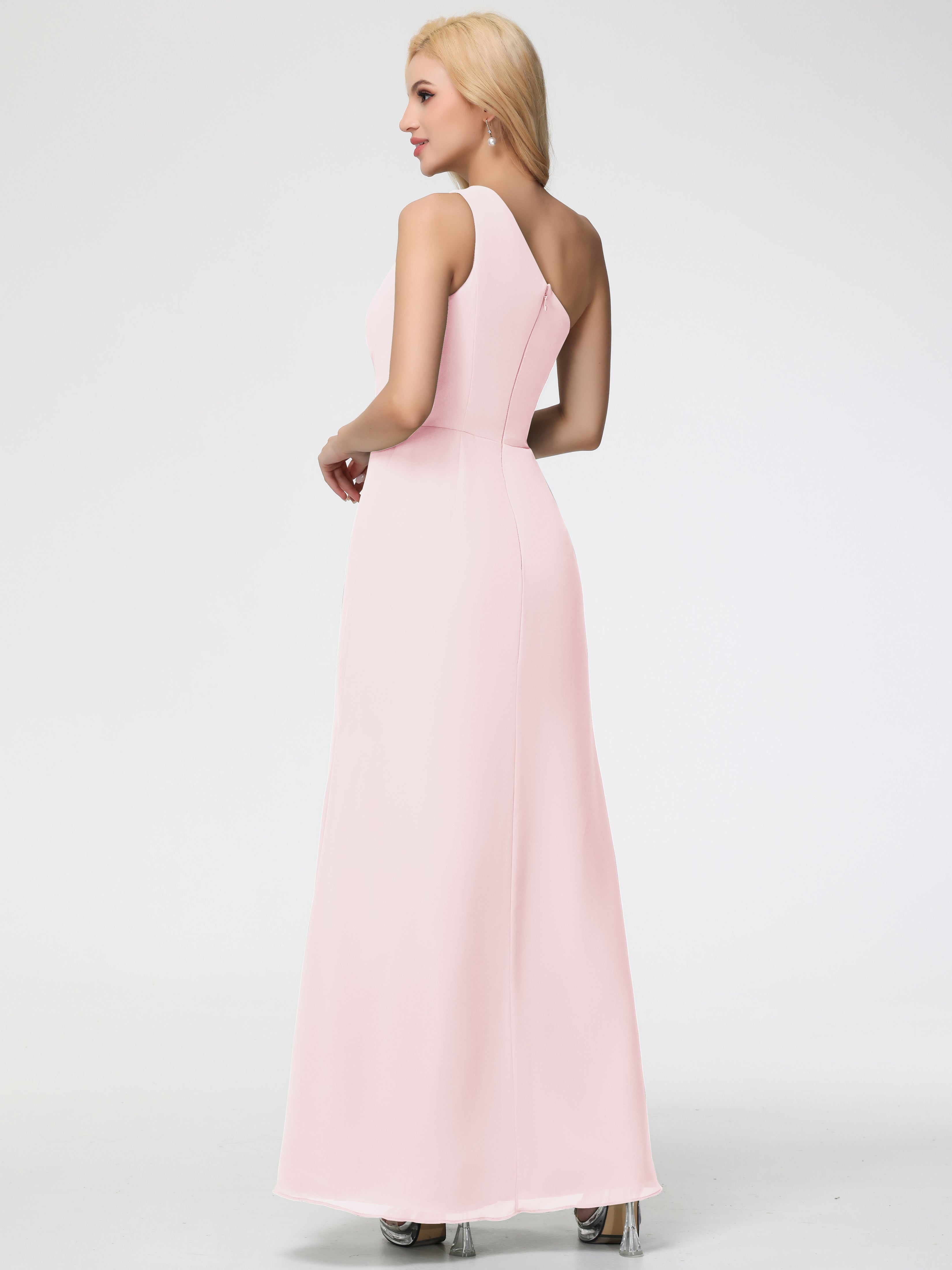 One Shoulder Sheath/Column Sleeveless Long Split Chiffon Bridesmaid Dresses