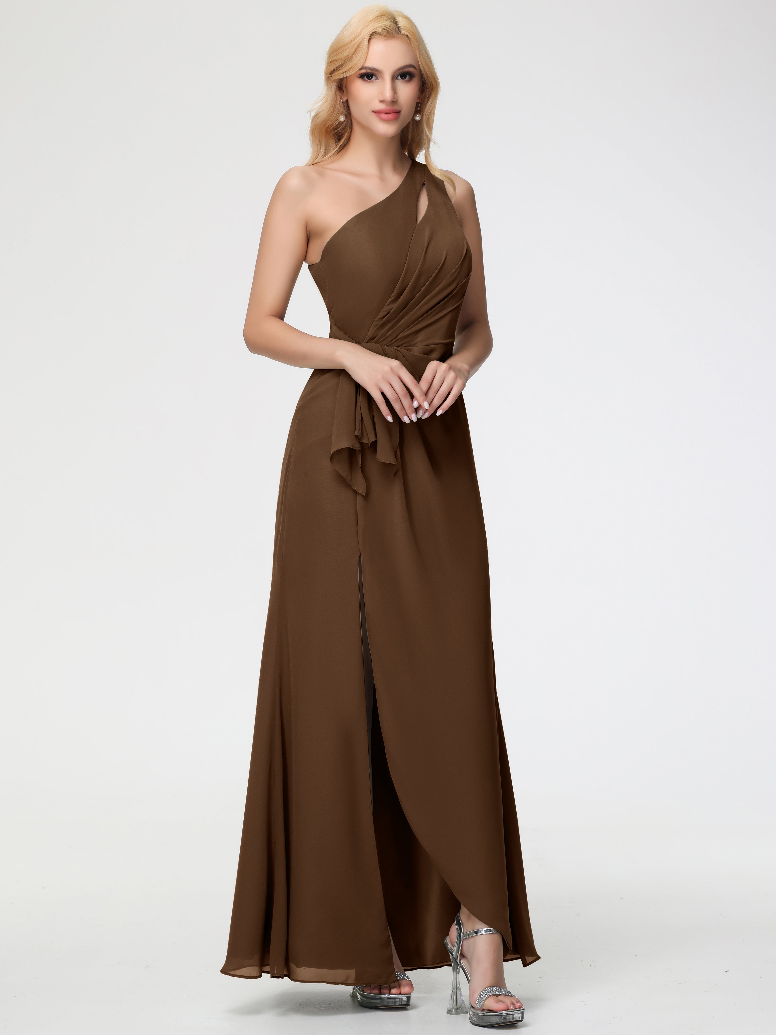 One Shoulder Sheath/Column Sleeveless Long Split Chiffon Bridesmaid Dresses
