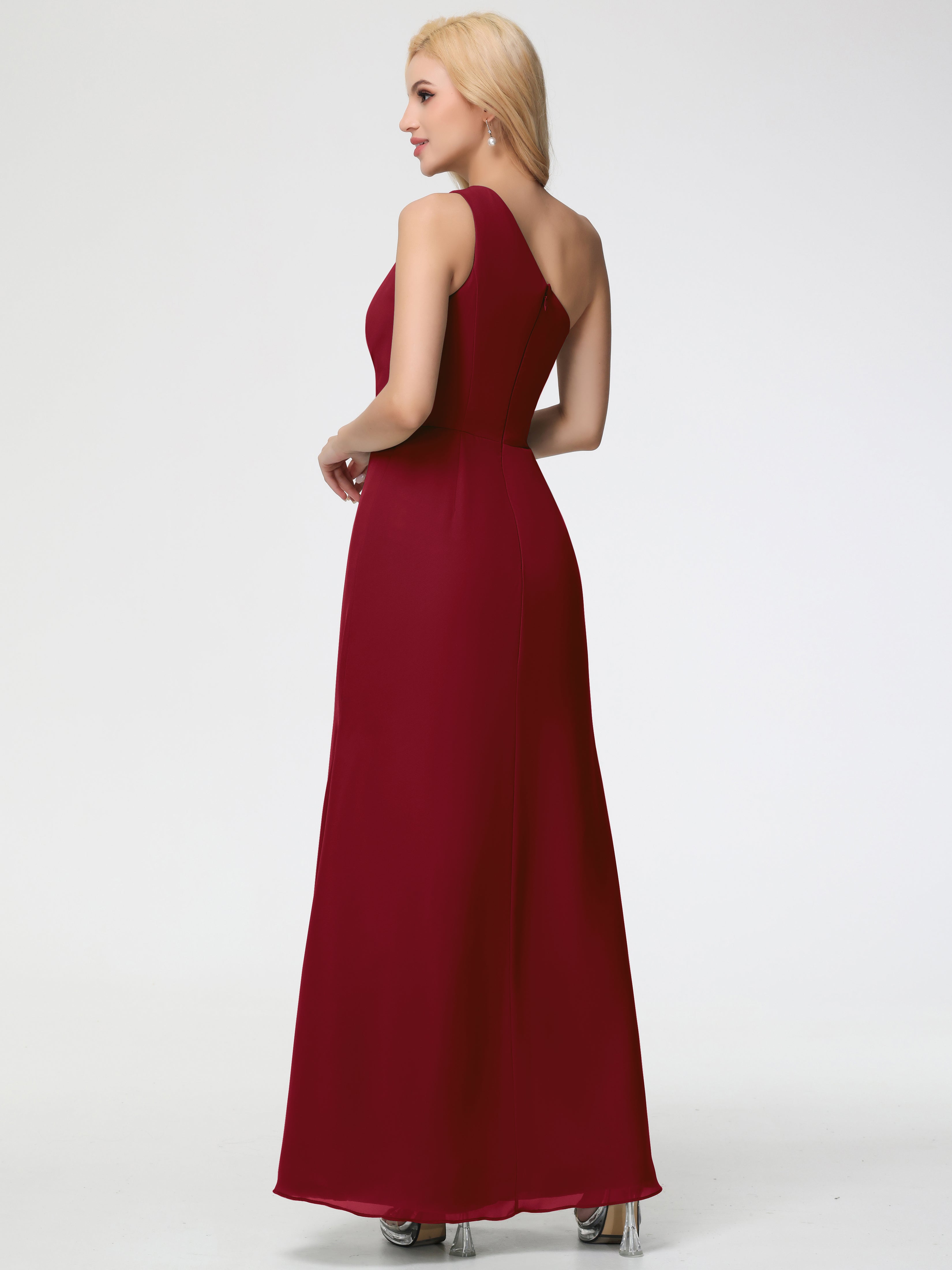 One Shoulder Sheath/Column Sleeveless Long Split Chiffon Bridesmaid Dresses