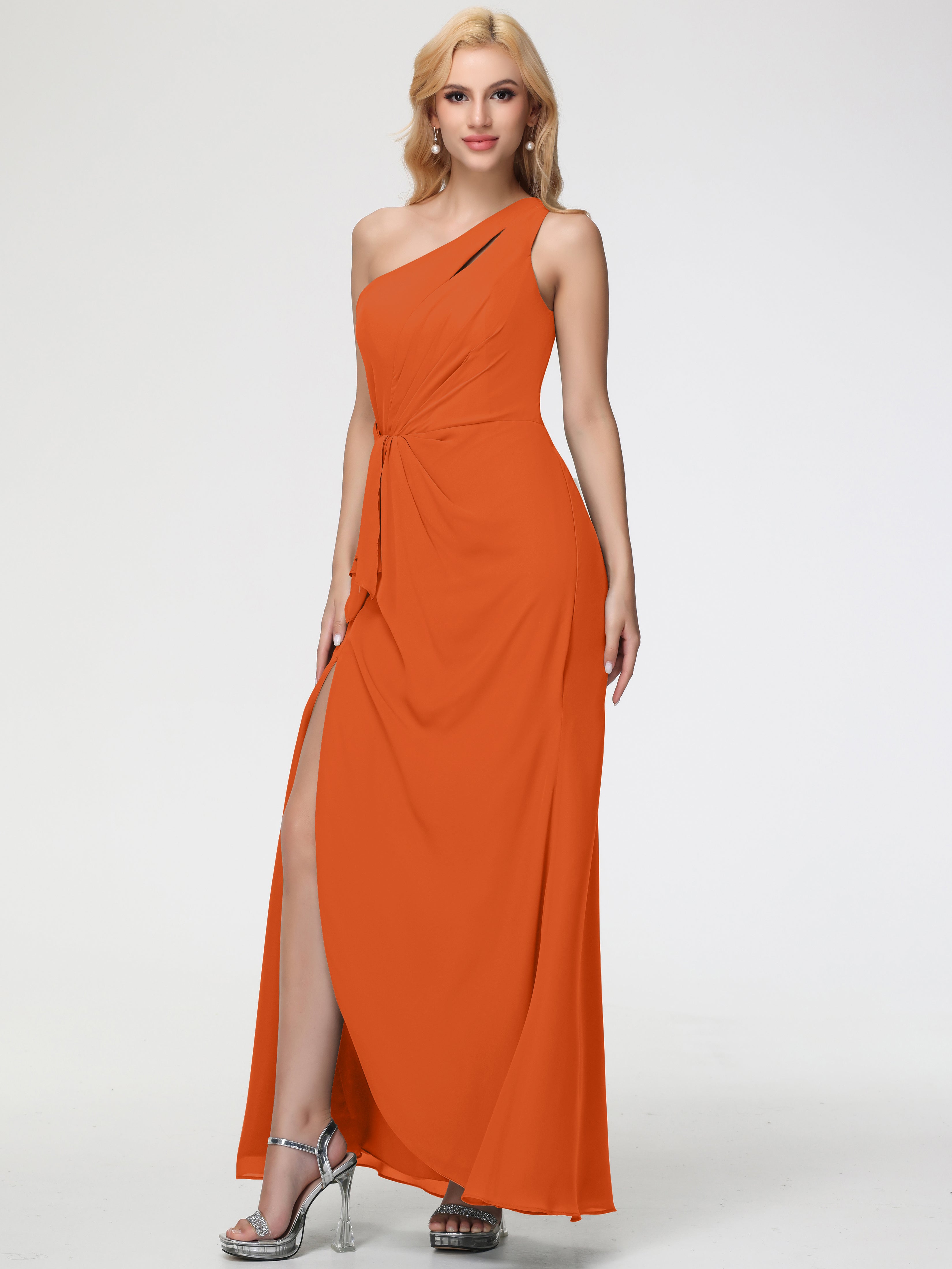 One Shoulder Sheath/Column Sleeveless Long Split Chiffon Bridesmaid Dresses