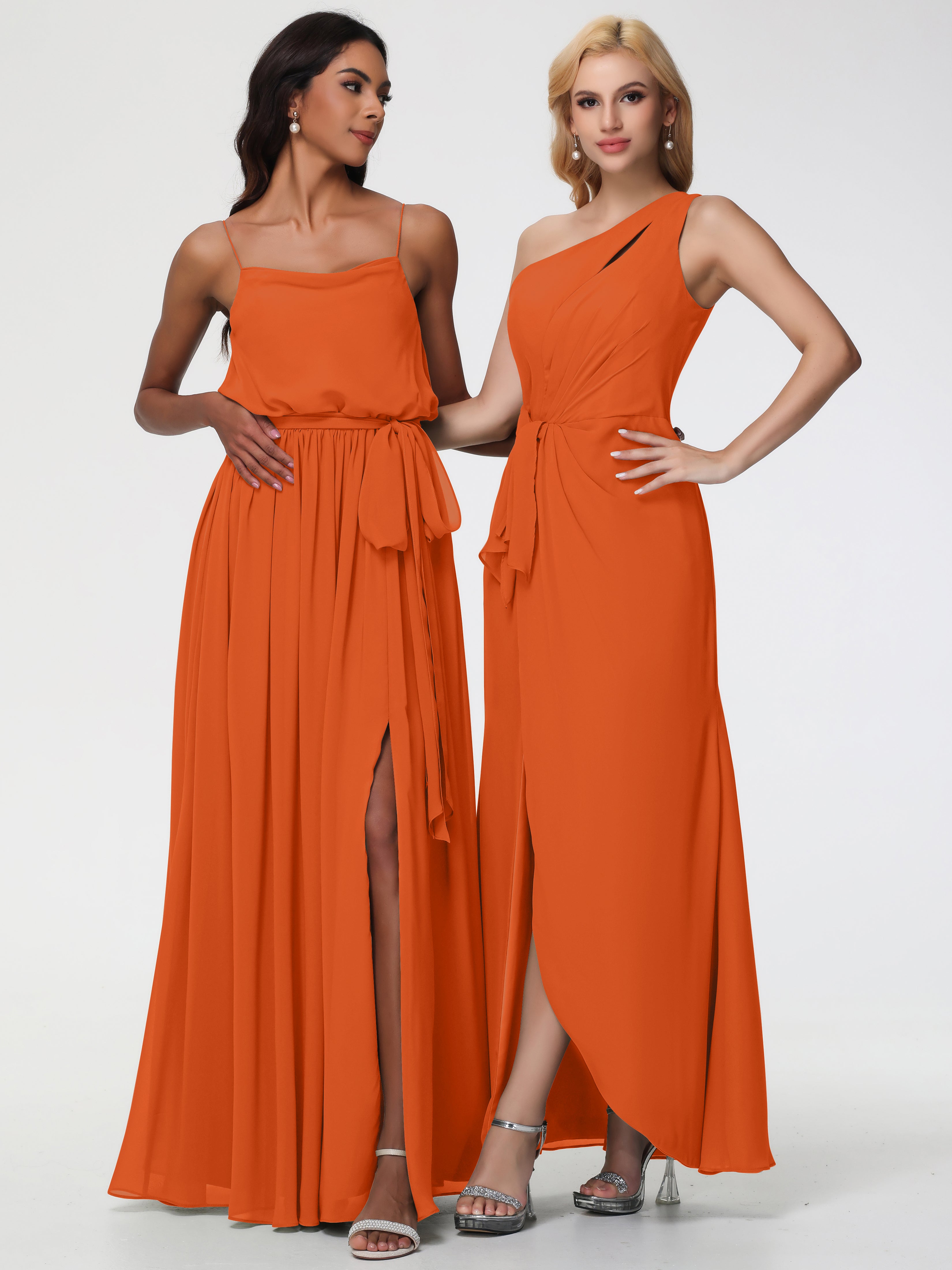 One Shoulder Sheath/Column Sleeveless Long Split Chiffon Bridesmaid Dresses