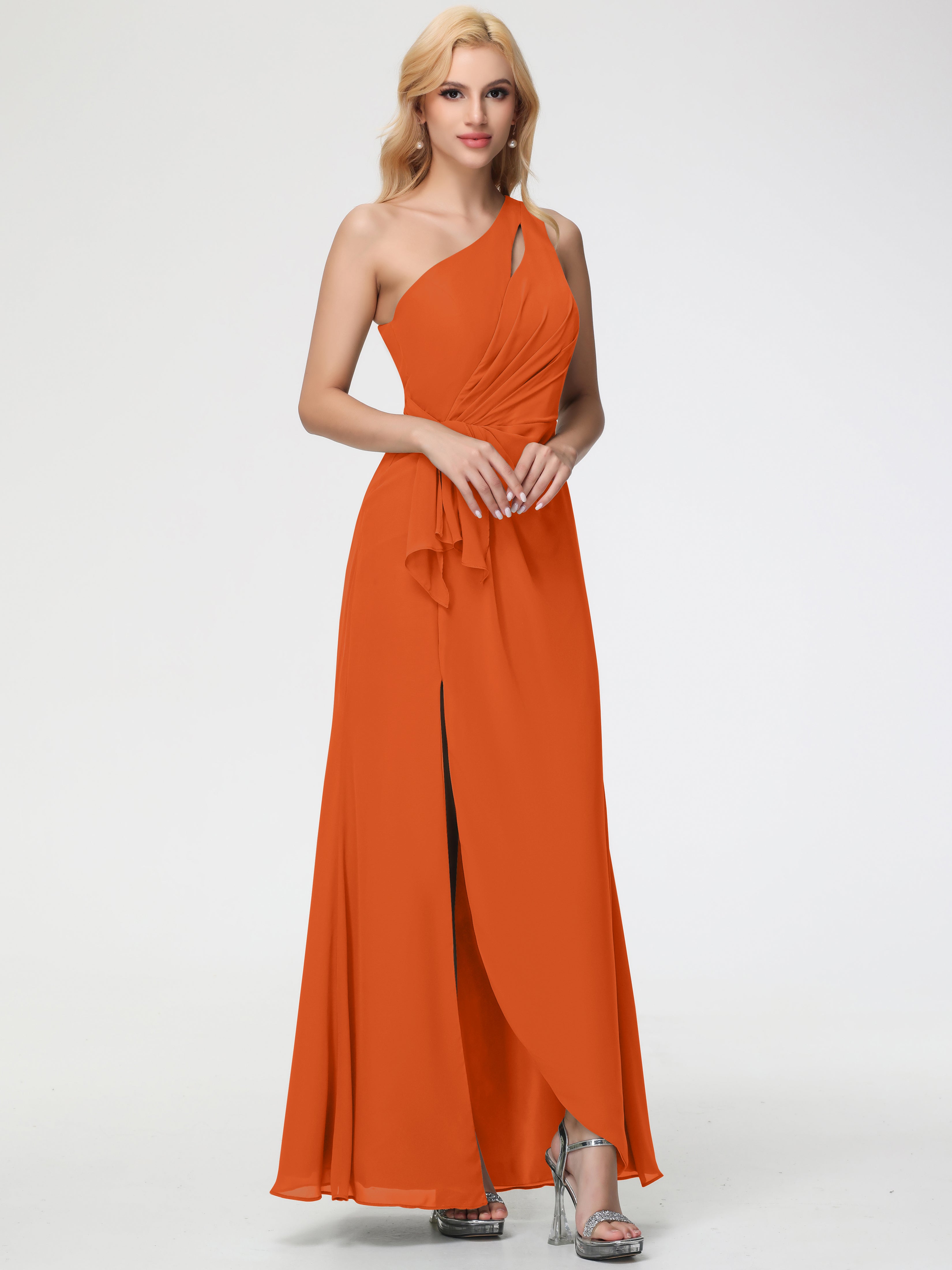 One Shoulder Sheath/Column Sleeveless Long Split Chiffon Bridesmaid Dresses