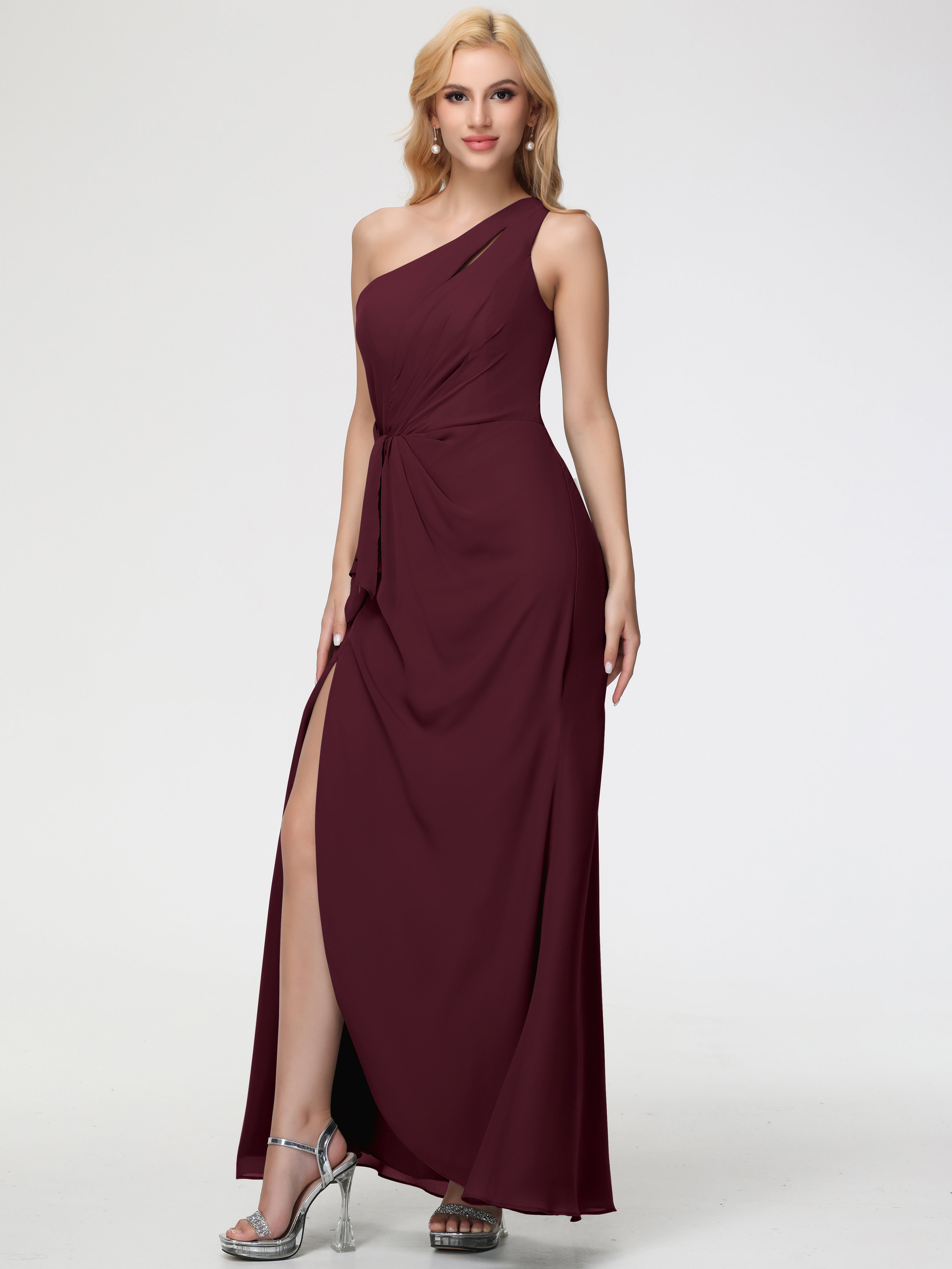 One Shoulder Sheath/Column Sleeveless Long Split Chiffon Bridesmaid Dresses