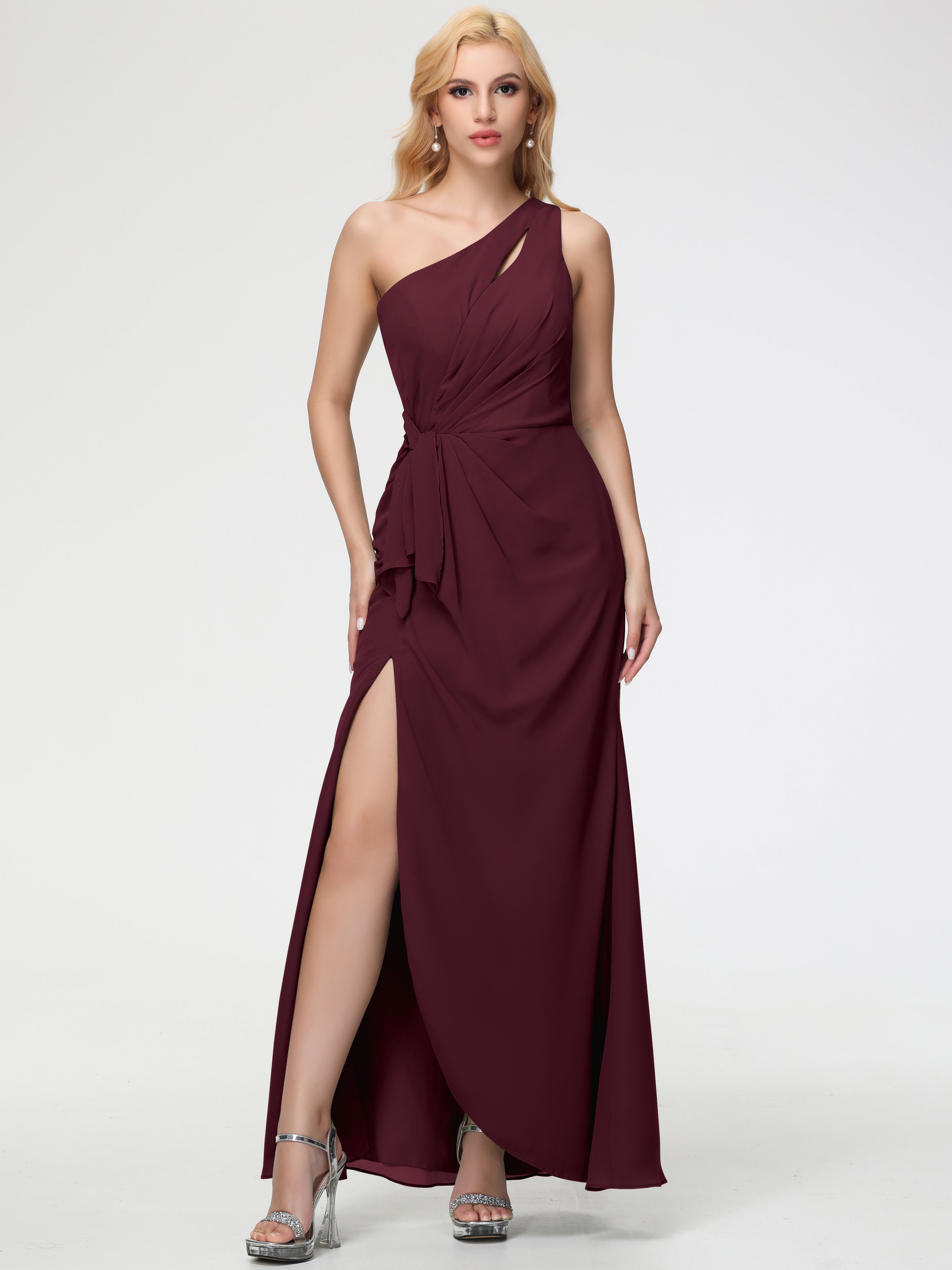 One Shoulder Sheath/Column Sleeveless Long Split Chiffon Bridesmaid Dresses