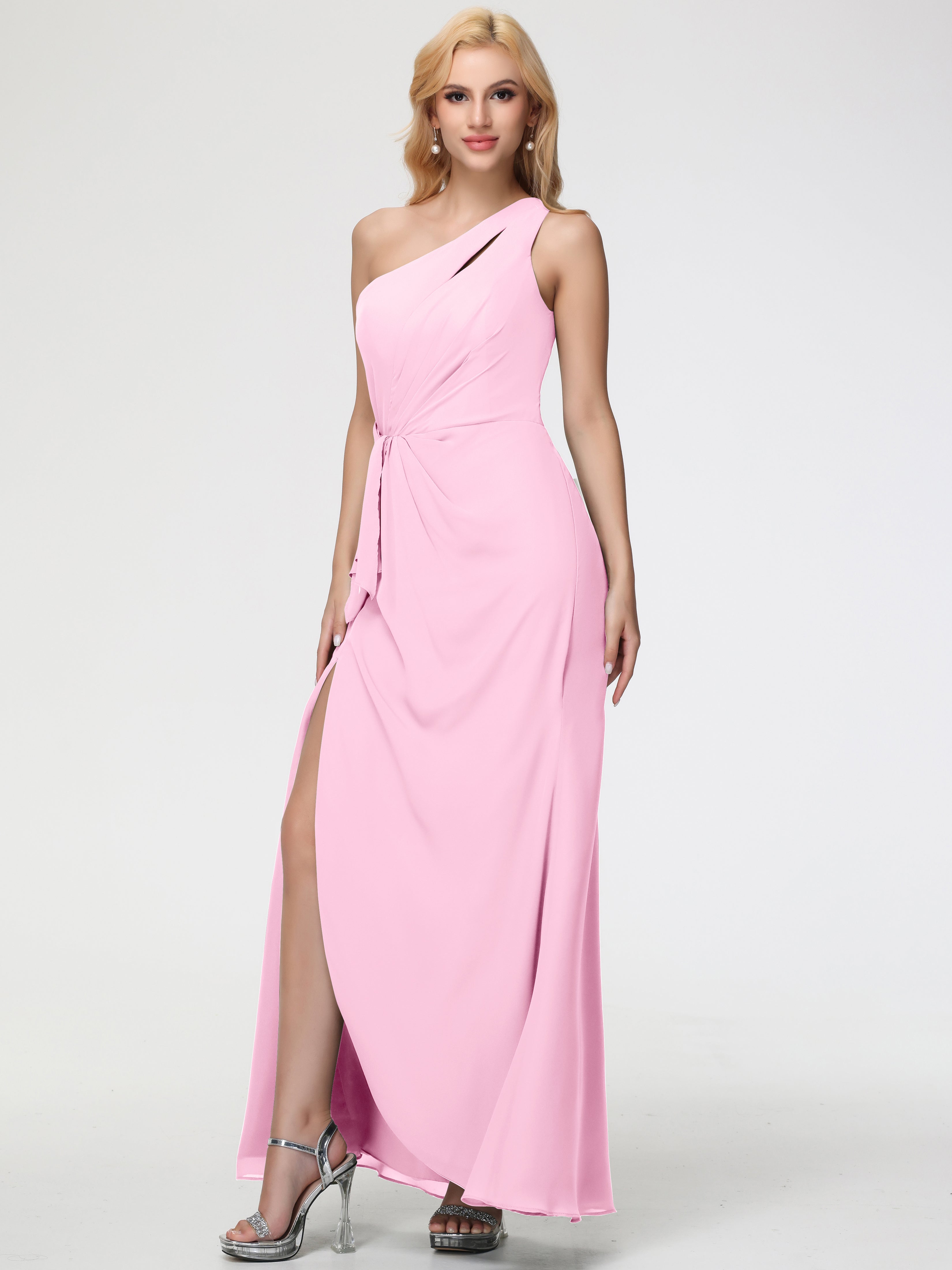 One Shoulder Sheath/Column Sleeveless Long Split Chiffon Bridesmaid Dresses